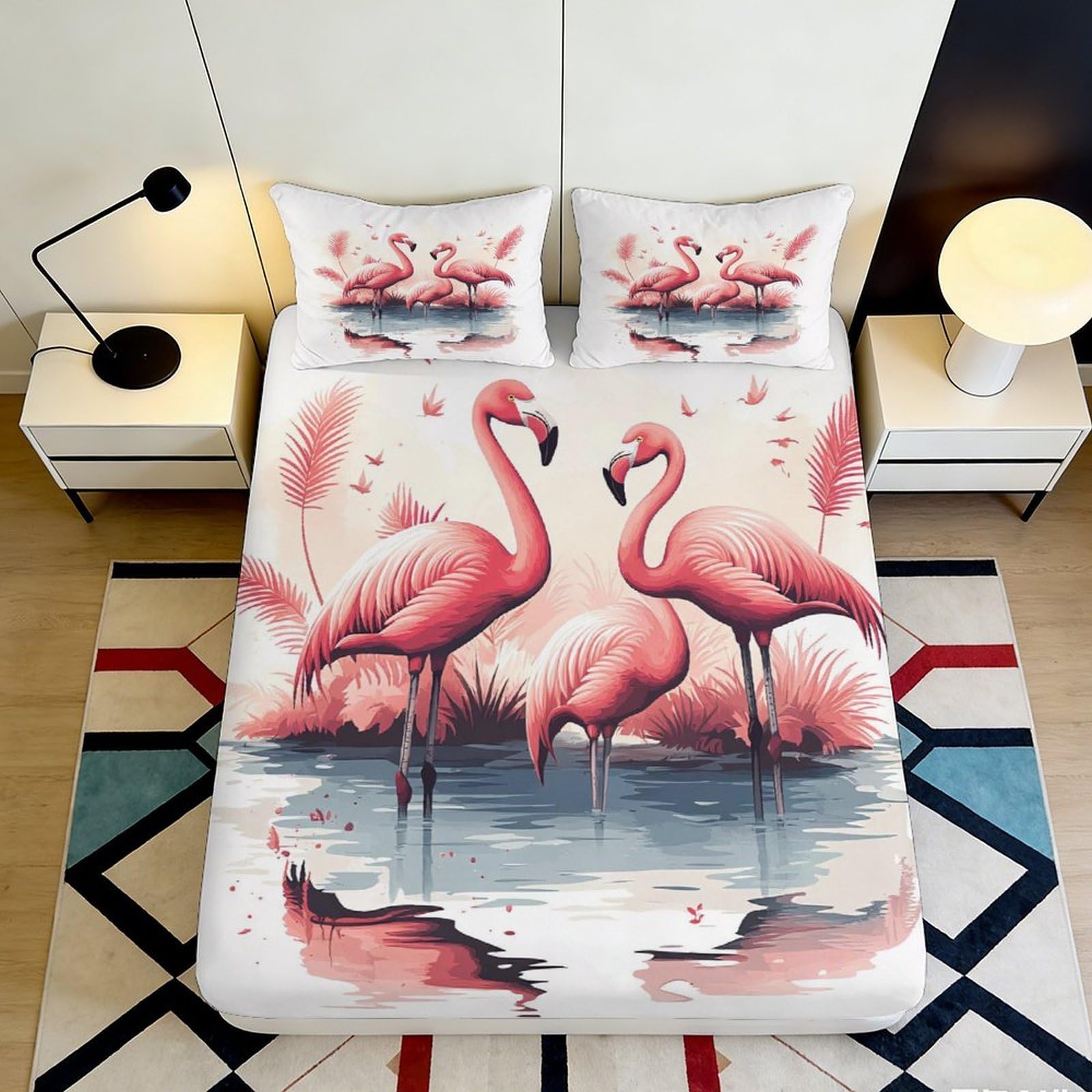 3D Printed Pink Flamingo Fitted Sheet Microfiber Soft Anti-Slip Tropical Lake Bed Cover for Bedroom Guest Room Decor 180x200x25cm