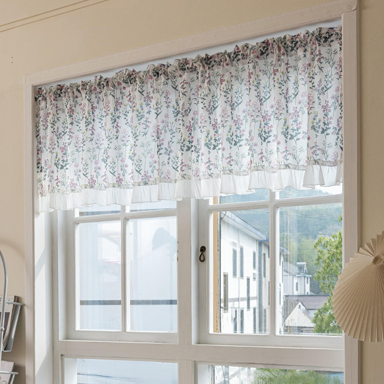 ZZYK Valance Curtains for Rod Pocket Farmhouse Small Window Light Filtering Valance, Flower Tassel Sheer Curtain Valance for Bedroom Bathroom Cafe,Pink,98" W x 59" L