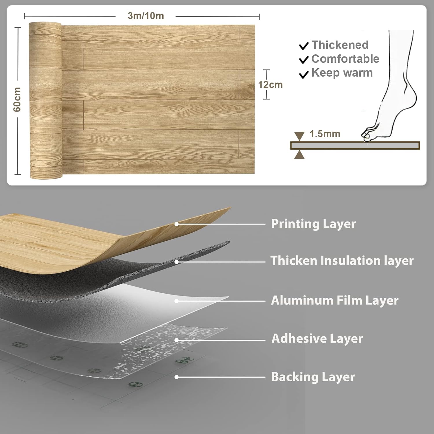 Freshtour Vinyl Flooring Roll, Wood Grain Peel and Stick Floor Tiles 23.6"x 393.7"/64 Sq.Ft, Wear-Resistant and Waterproof Vinyl Plank Flooring for Bedroom Living Room Kitchen RV Office, Nature Wood