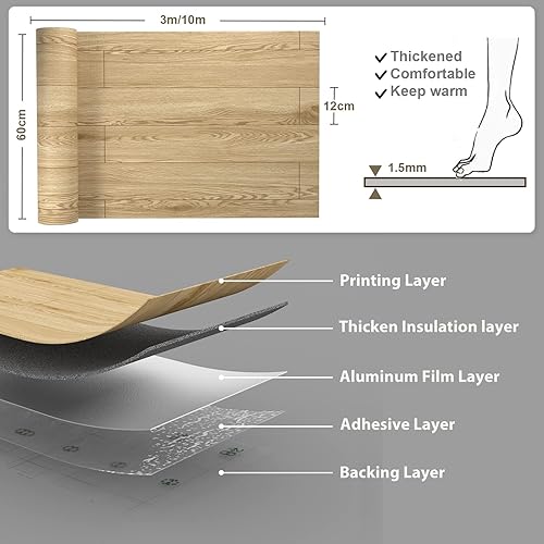 Miniatura 5 de Rollo de vinilo para suelo, azulejos de grano de madera de 23.6 x 393.7 pulgadas64 pies cuadrados, resistente al desgaste e impermeable para