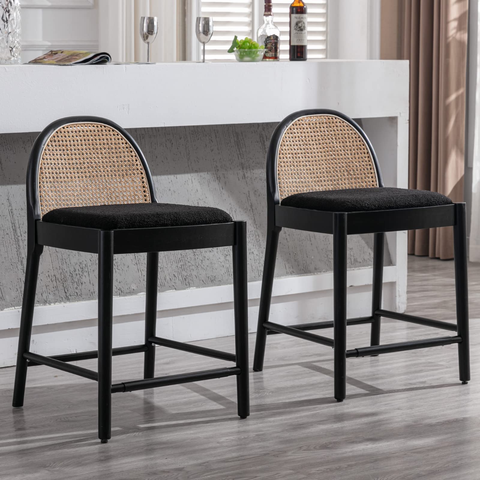 LukeAlon Modern Sherpa Counter Stools Set of 2, 26" Seat Height Low Bar Stools with Wooden Legs Natural Rattan Cane Back Counter Height Bar Chairs
