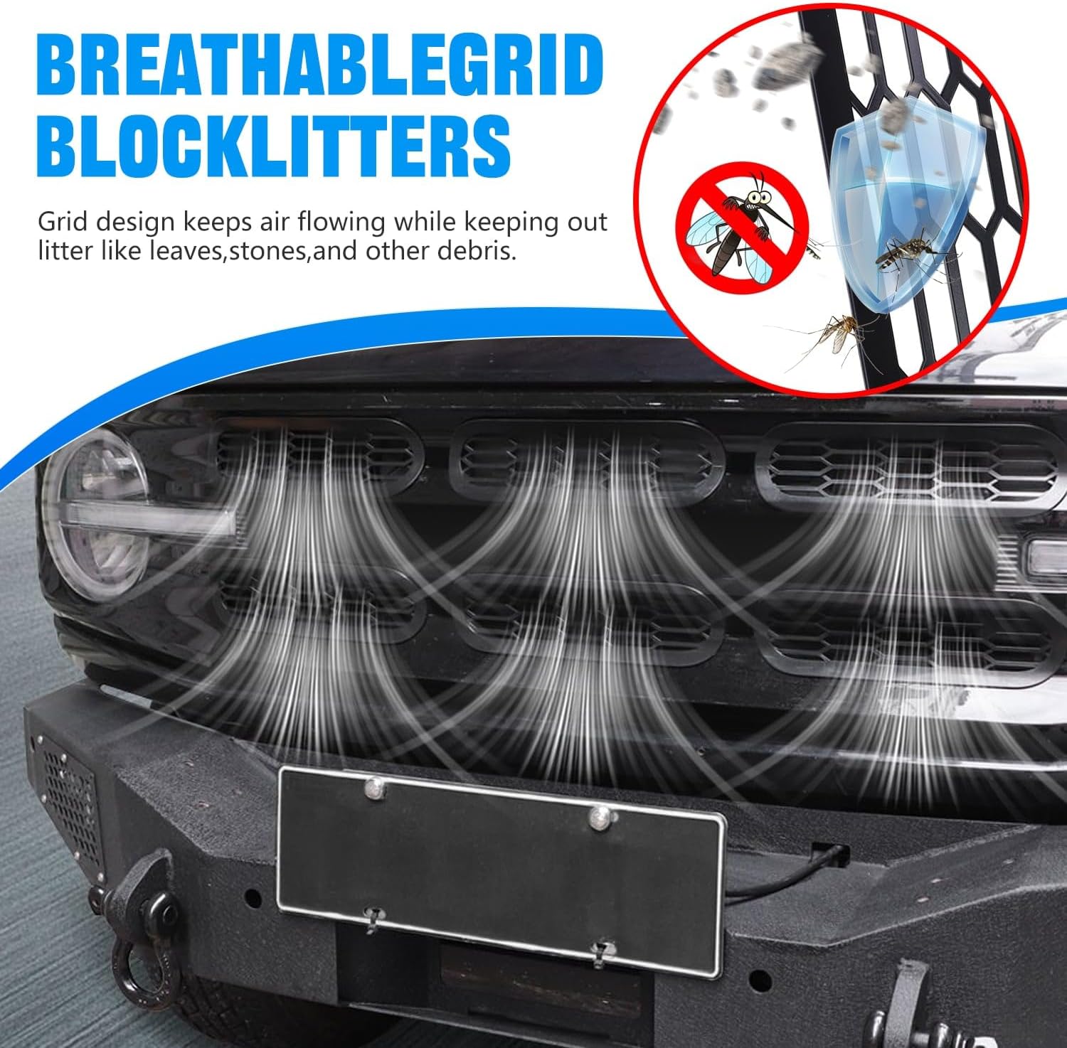 Front Grill Mesh Grille Inserts Cover Frame, Front Bumper Inserts Grill Guard Clip-on Decoration Accessories for Ford Bronco Offroad 2/4 Door 2021 2022 2023 2024 2025 (Black)