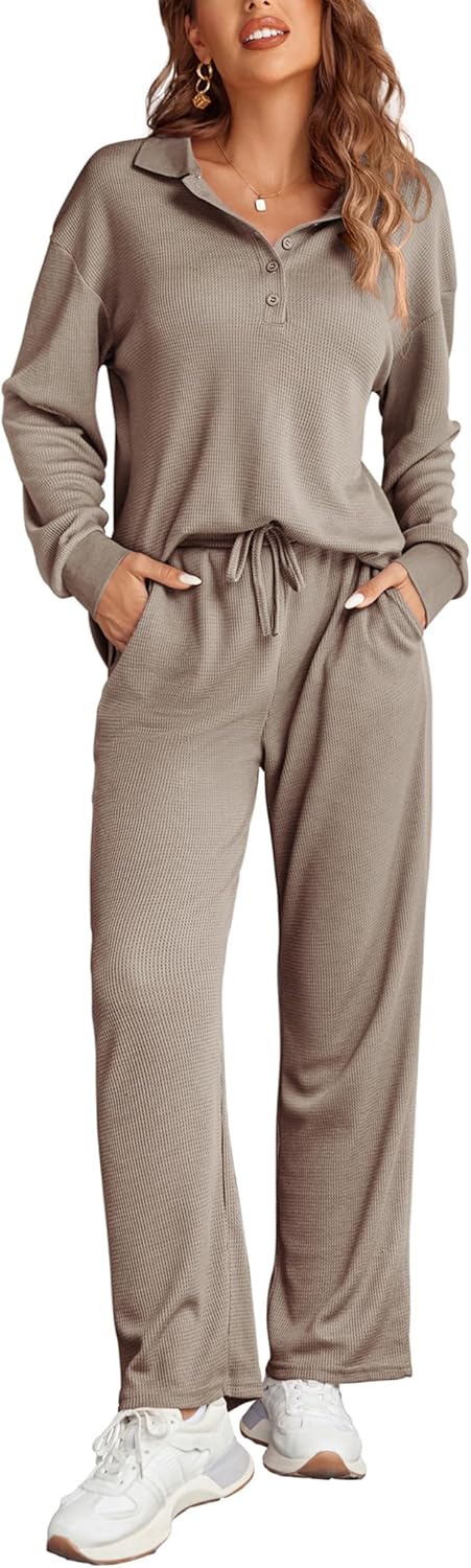 Ekouaer Womens Waffle Knit Pajamas Sets 2 Piece Lounge Sets Comfy Long Sleeve Matching Pj Sweatsuits Outfits With Pockect