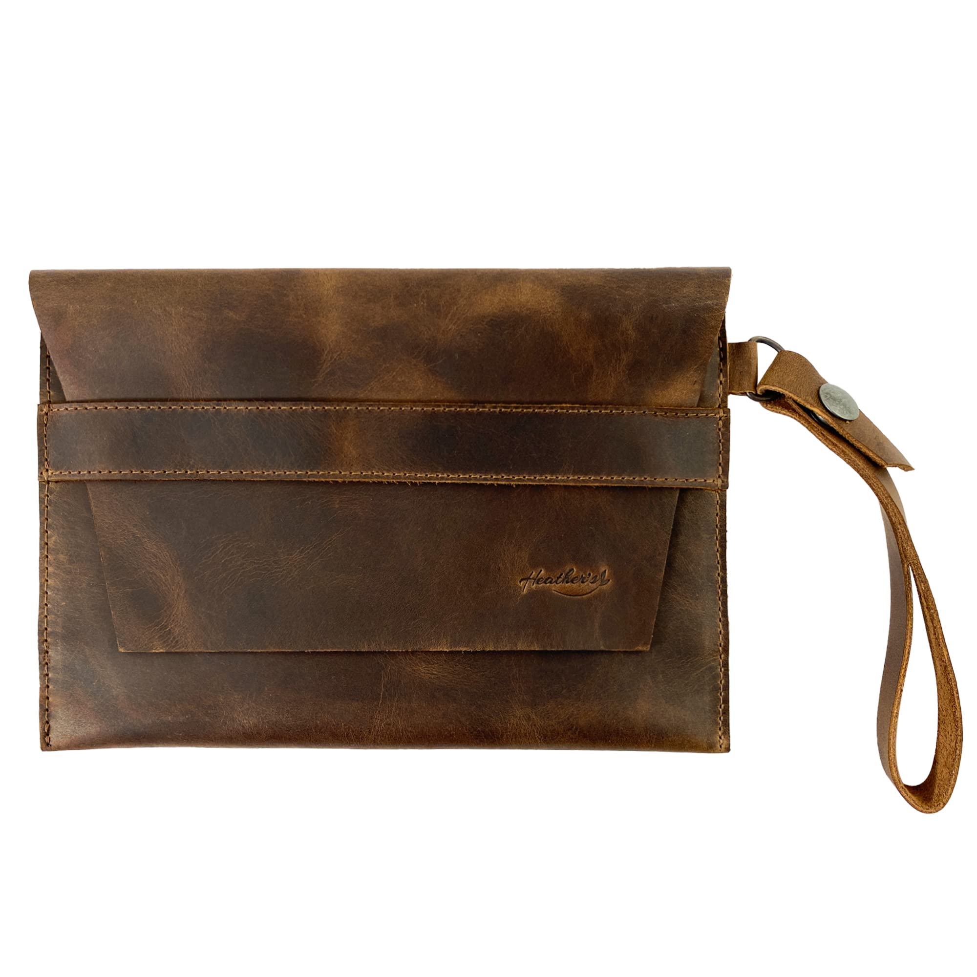 Heather's, Vintage Clutch Bag Handmade from Full Grain Leather - Wrist Wallet for Cards, Money and Coins - Bourbon Brown