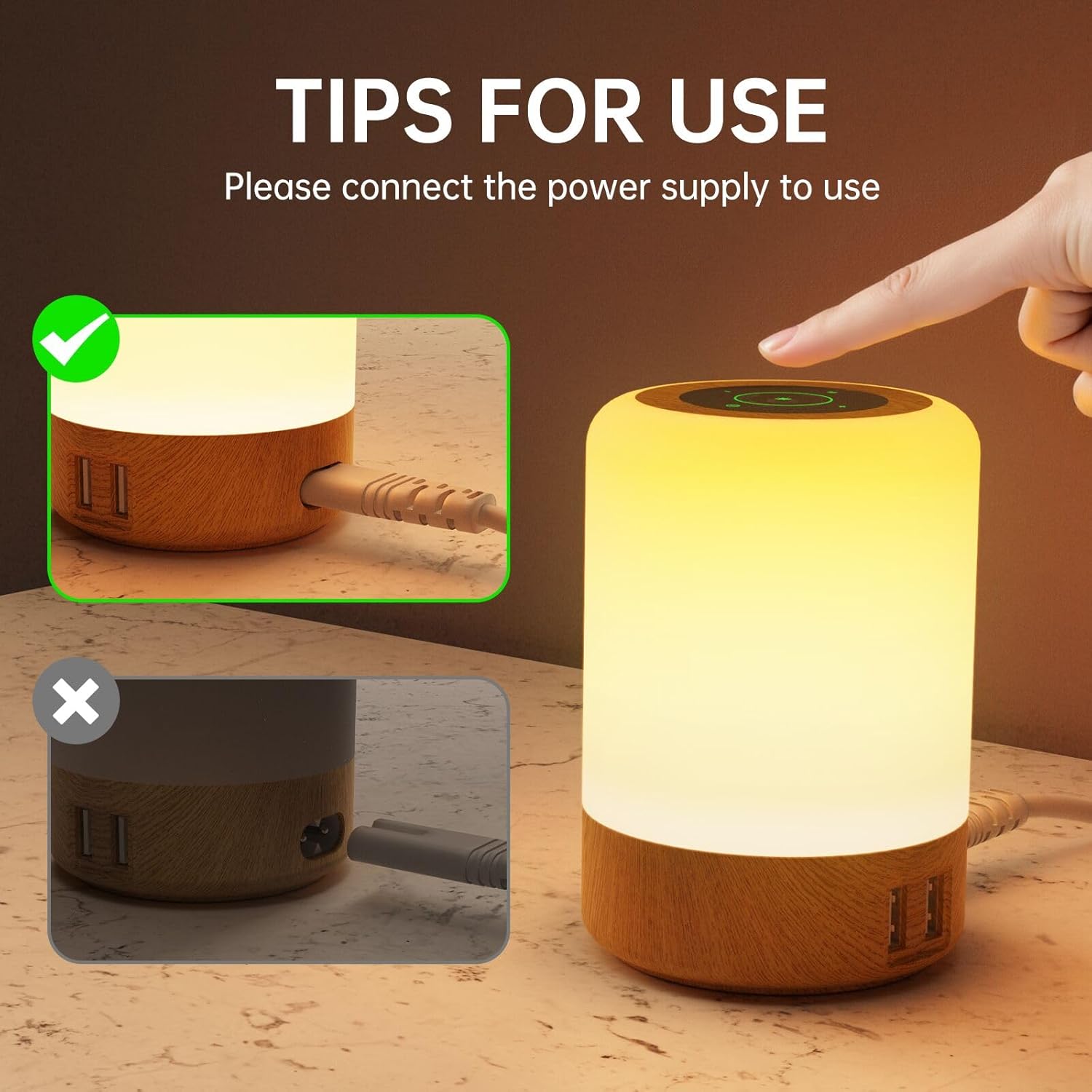 Diagram showing correct power connection for the Taipow lamp, emphasizing the need for a power supply.