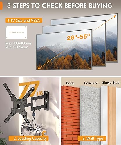 Miniatura 6 de Soporte de pared para TV de movimiento completo para la mayoría de televisores de 26 a 55 pulgadas, soporte de pared de esquina con giro inclinable