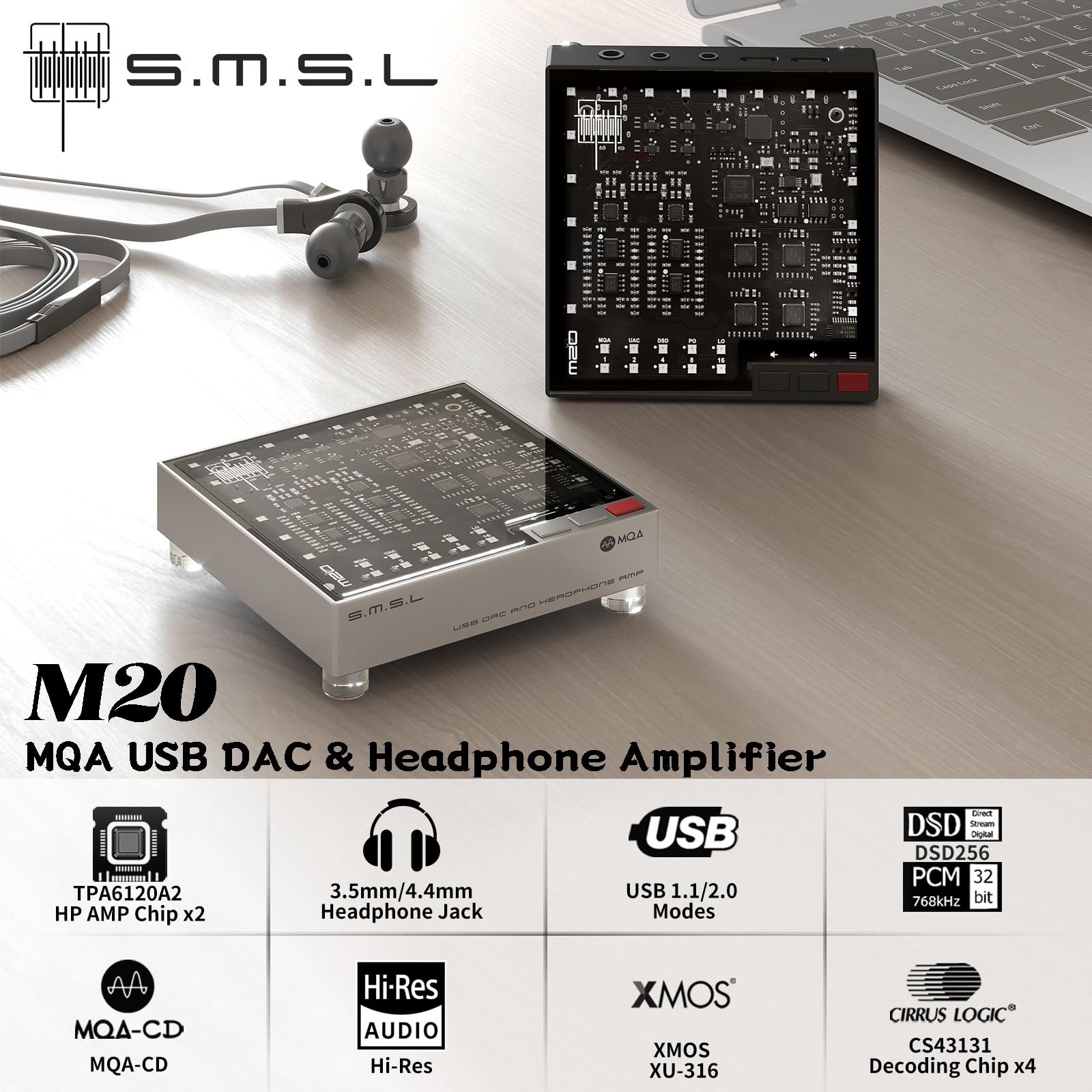 SMSL M20 MQA DAC wzmacniacz słuchawkowy 4 * CS43131 DAC Chip dekoder gamingowy USB1.1 USB2.0 XU316 768 kHz/32-bitowy DSD256 filtr PCM USB DAC 3,5 mm i 4,4 mm wzmacniacz słuchawkowy audio