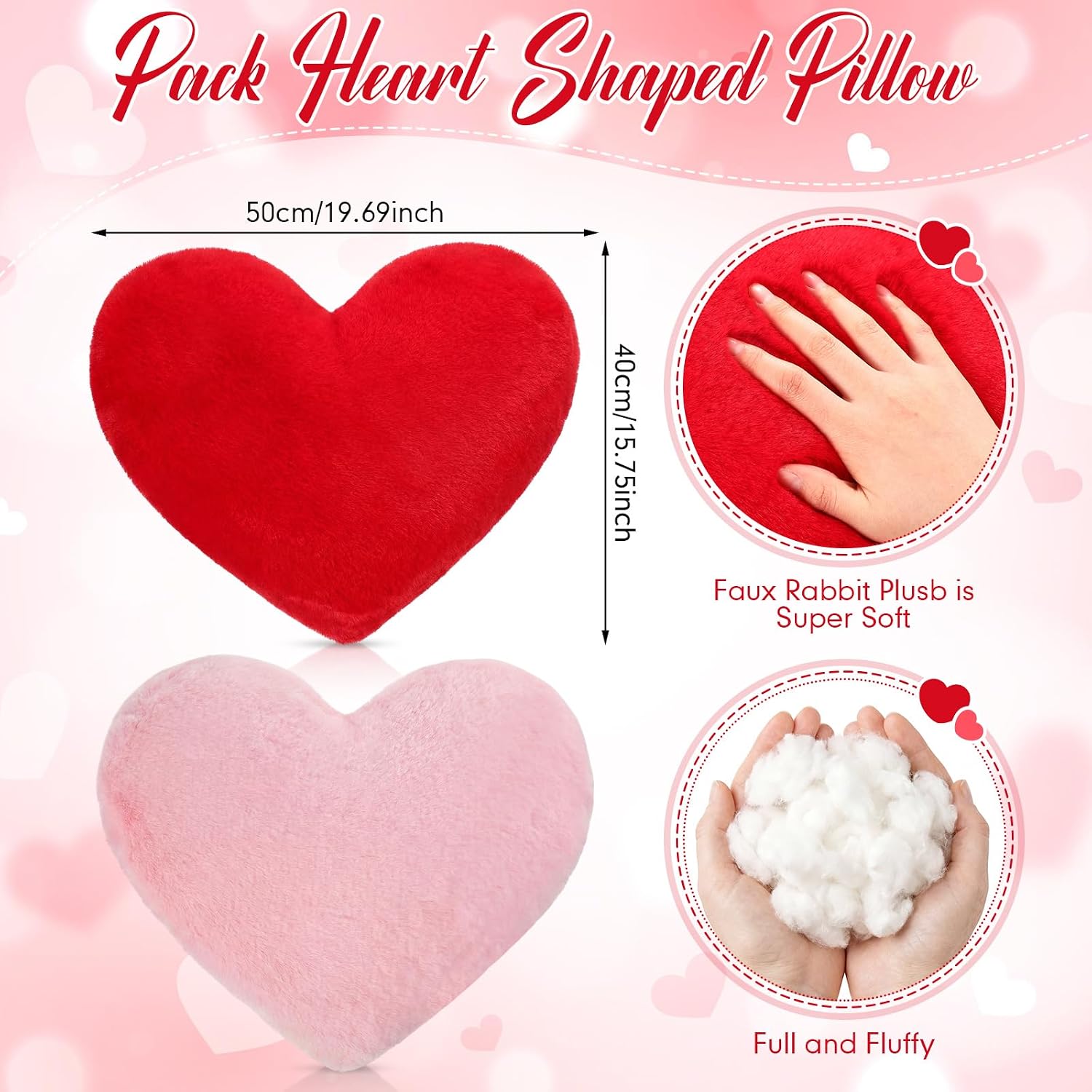 Unittype 2 Pcs Heart Pillows 20 x 15.7 Inch Pink Red Heart Shaped Throw Pillows Cute Faux Bunny Fur Decorative Fluffy Soft Plush Gift for Women Mom Bride Wedding Anniversary Bedroom Decor image 2