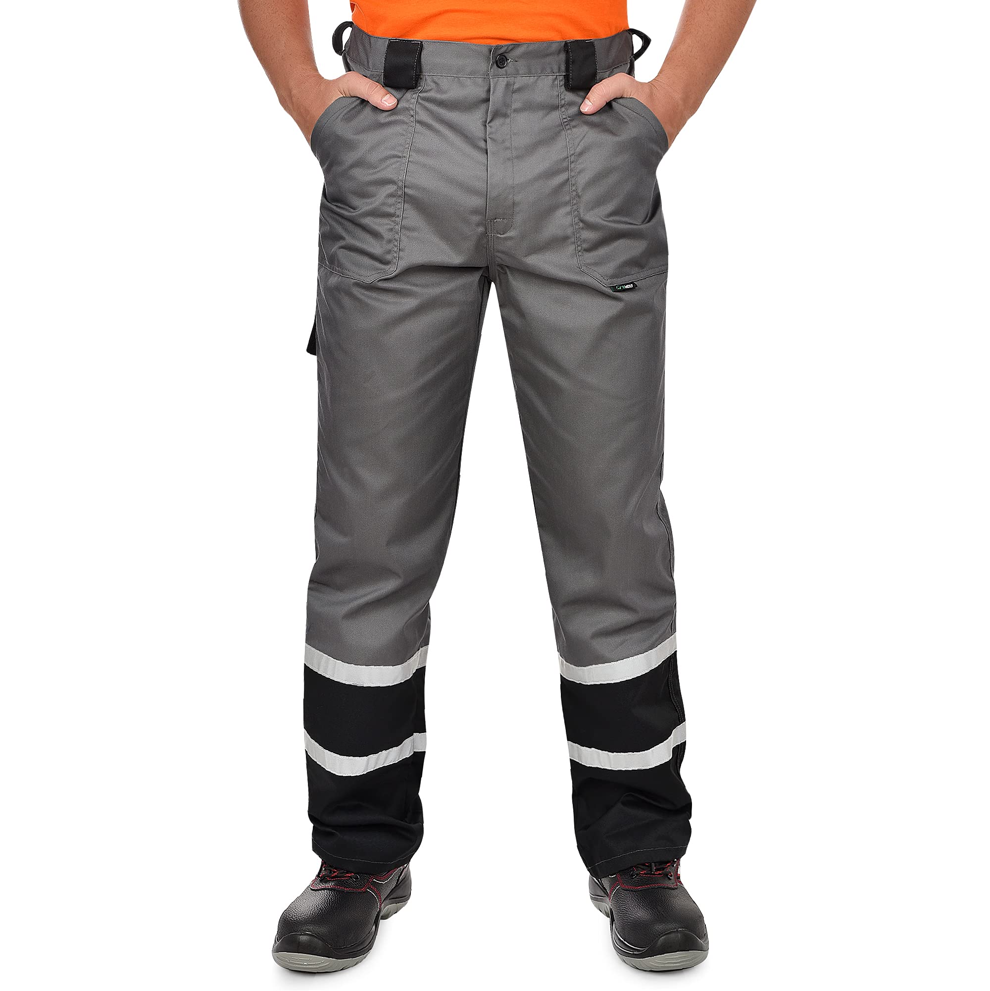 BWOLFChar Men's Classic Work Trousers with Reflective Stripes, 5 Multifunctional Pockets in Blue/Grey