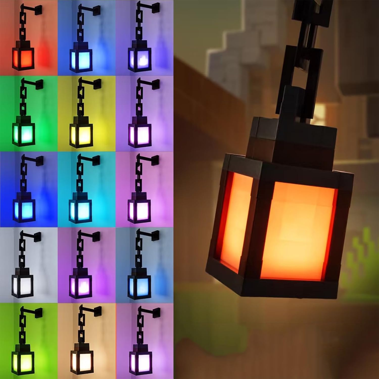 Pixelated Lantern Night Light, 16 Colors LED Mood Light Touch Switch & Remote Control, USB Rechargeable Wall Tabletop Table Lamp, Hanging Beside Lamp for Game Room Decor, Gifts for Boys