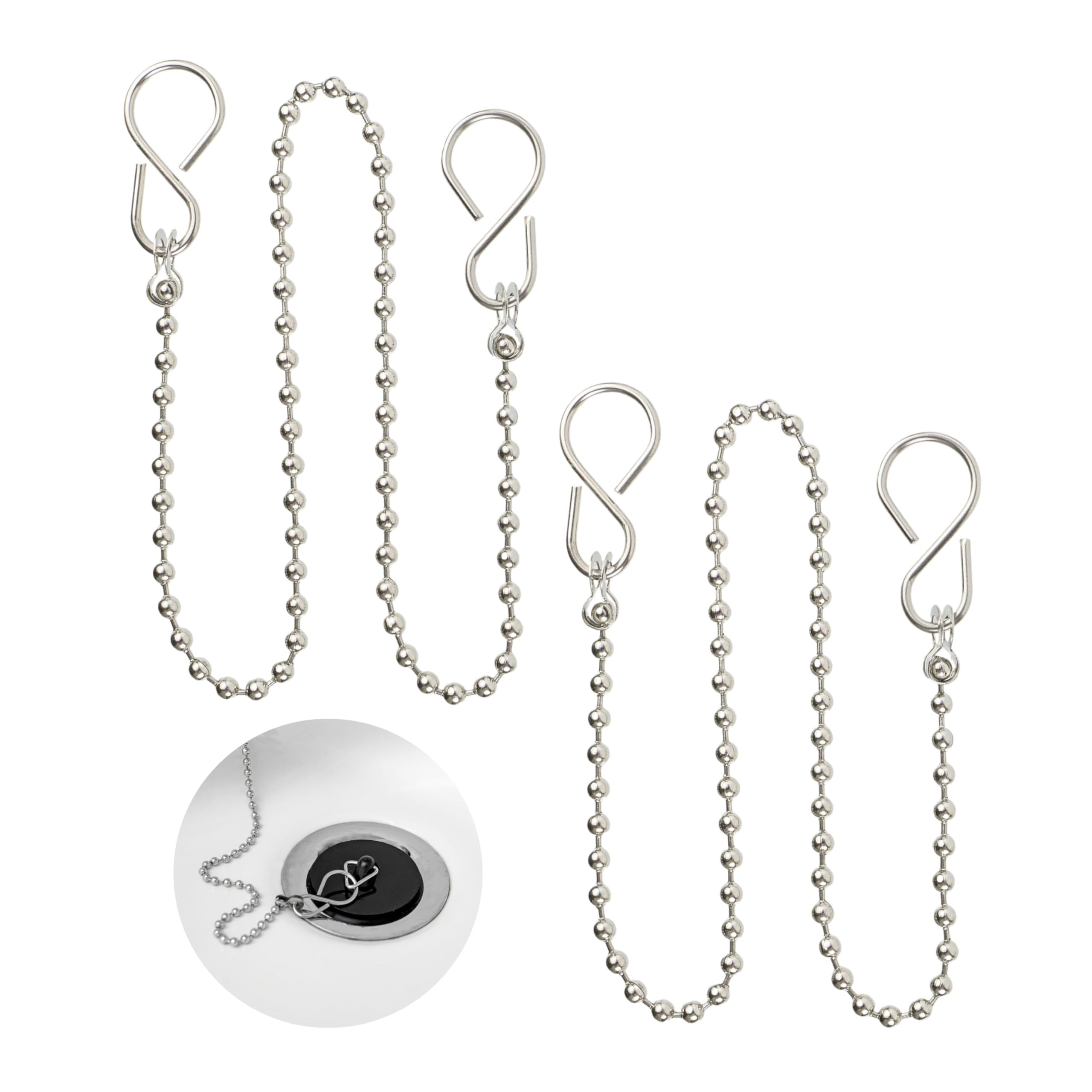 Stopper chain, 2 pack, 30 cm ball chain, with 25 mm S-hook, made of SS304 stainless steel, rust-free, stopper ball chain, sink rubber stopper replacement chain set with ring, for sink, bathtub