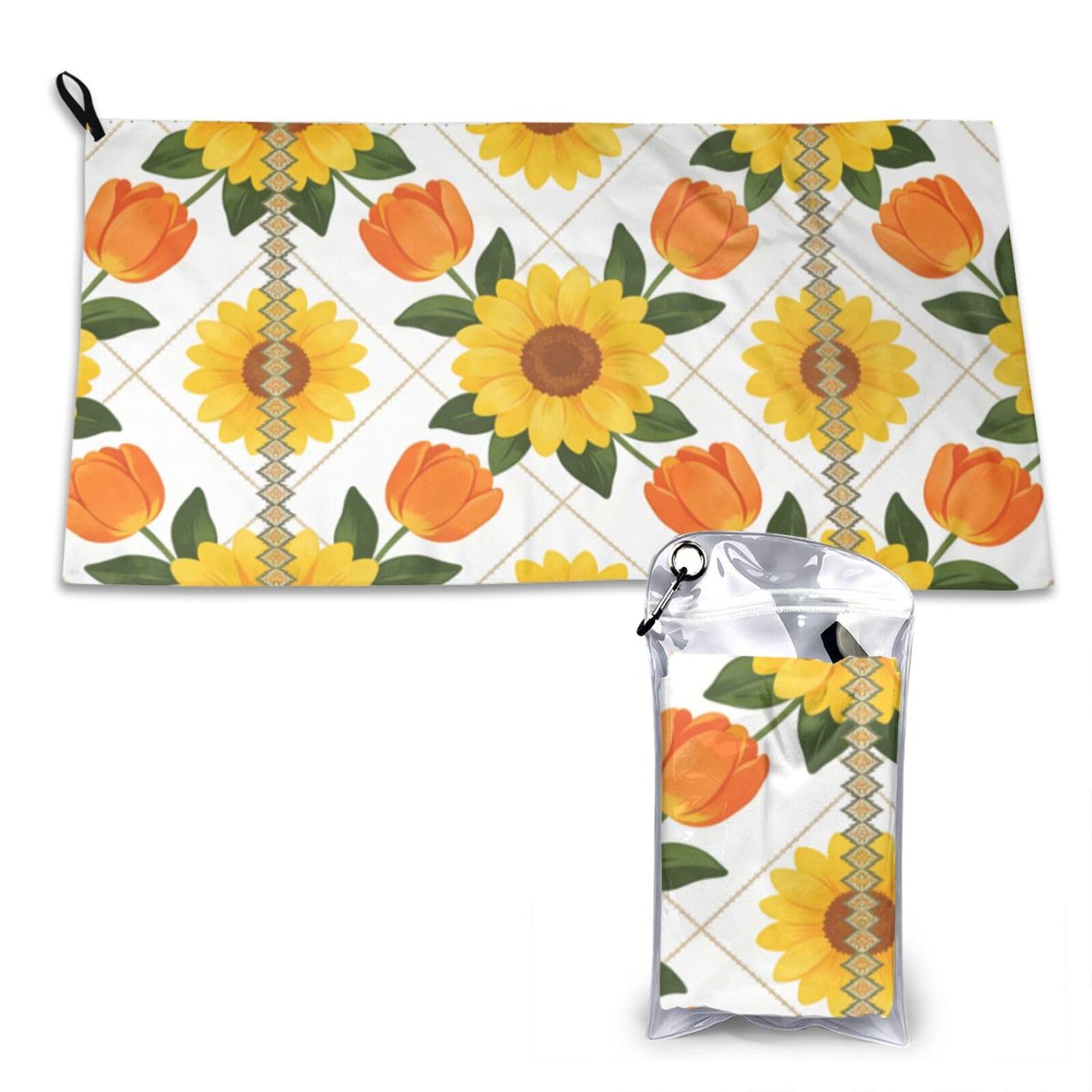 Sunflower & Orange Tulip Grid Pattern Print Quick Dry Towel 16x31.5in White