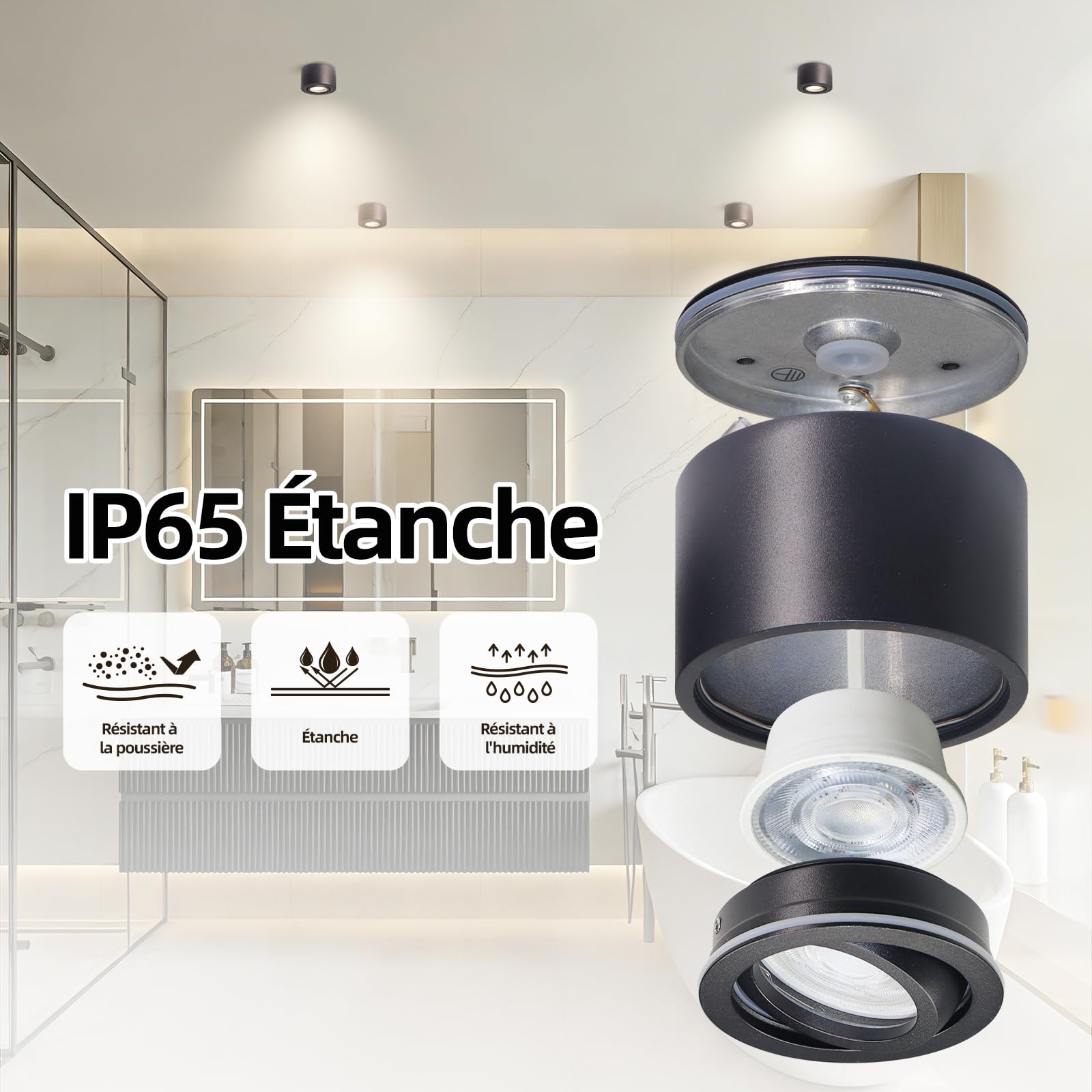 Spots LED Orientables 30° 5W 520LM 3 Couleurs IP65 Étanche Plafonnier Salle de Bain 230V IRC90+ Ø80x50mm