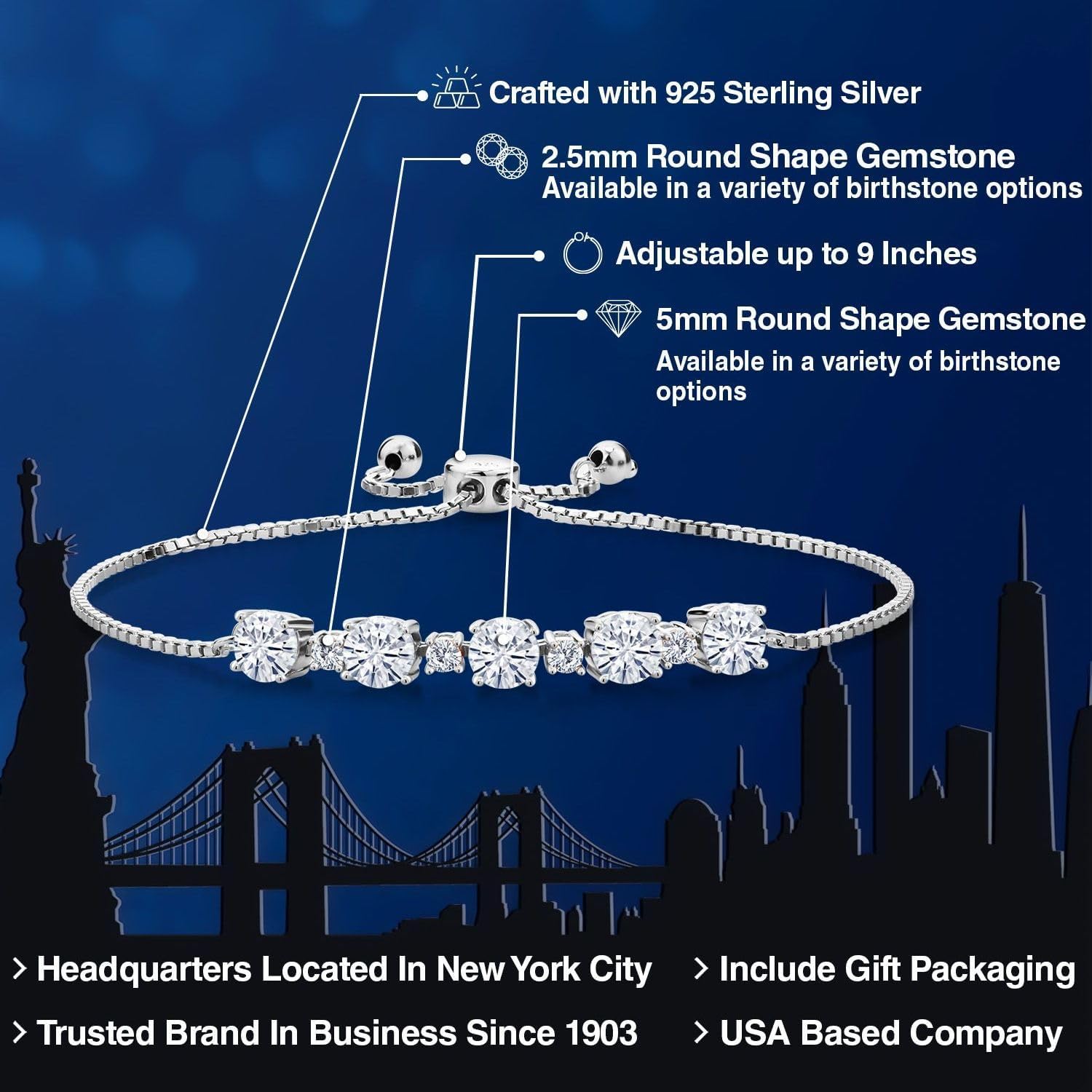 Gem Stone King 2-5 Cttw Gemstone Birthstone Tennis Bracelet for Women | 925 Sterling Silver | Round 5MM and 2.5MM | Adjustable Bolo Design | Easy-On Easy-Off | Fully Adjustable Up to 9 Inch