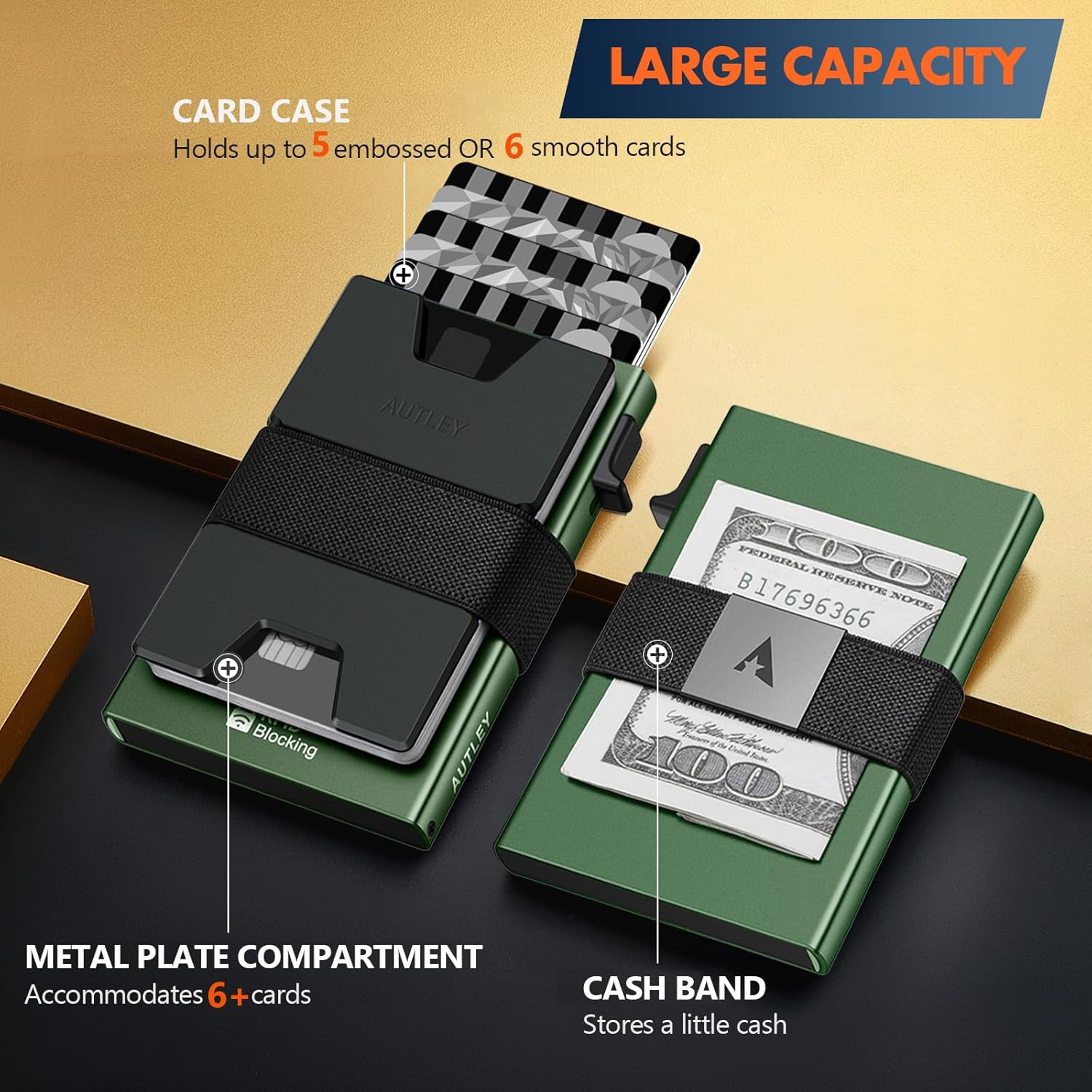 AUTLEY Slim Wallet For Men, Minimalist Mens Wallet Pop Up Wallet, Rfid Blocking Credit Card Holder Wallet with Cash Band (Green) - Image 4