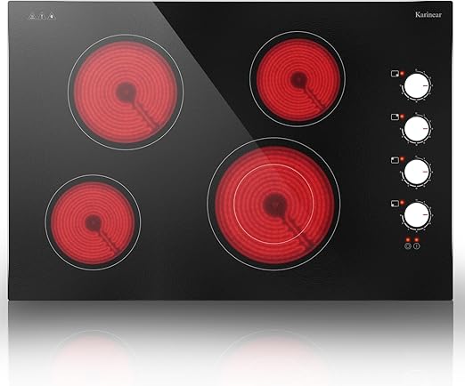 Karinear Electric Cooktop 30 Inch, 4 Burners Electric Stove Top, 30" Knob Control Built-in Electric Radiant Ceramic Cooktop, 6700W, 220~240V Hard Wire(White Knob)