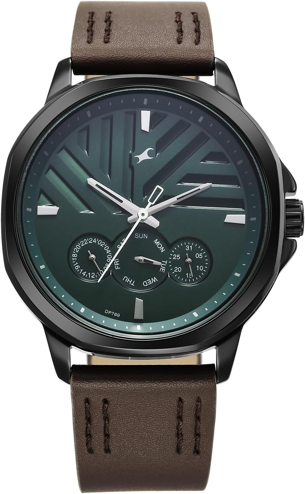 Fastrack Fleek Quartz Multifunction Forest Green Dial Brown Leather Strap Watch for Guys - NT3303NL01