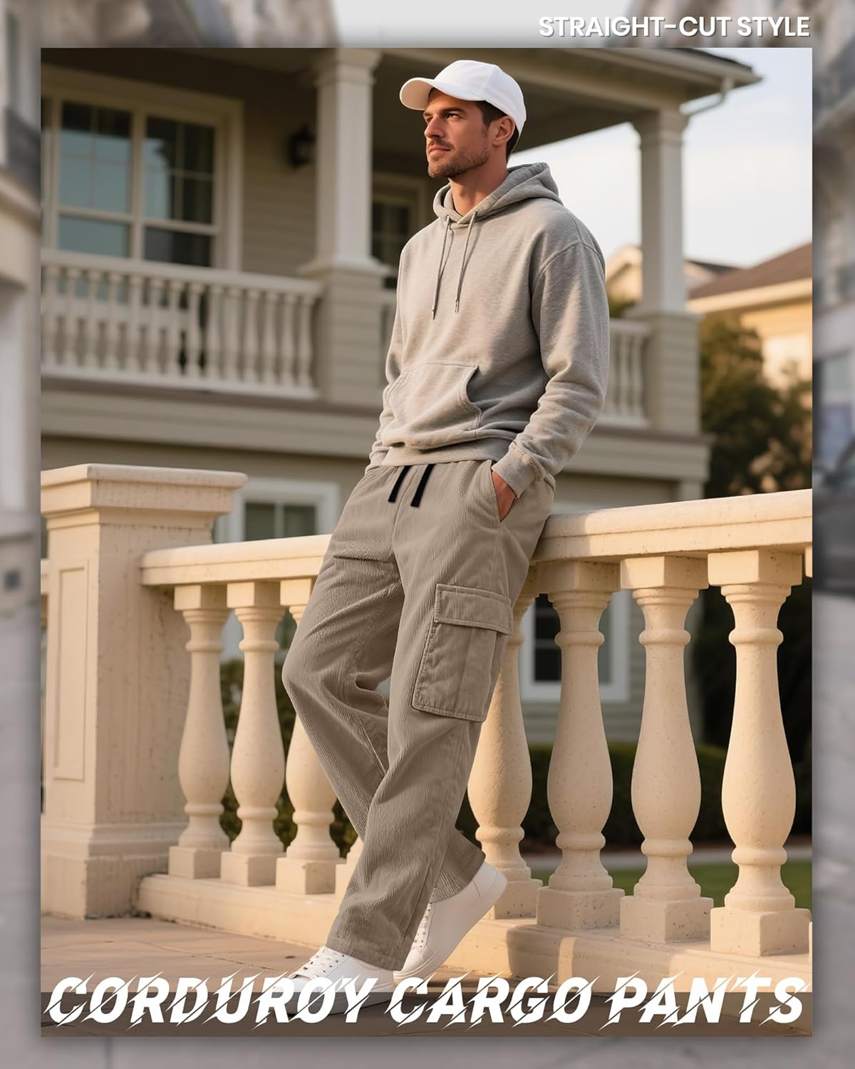 Men's Corduroy Cargo Pants Drawstring Elastic Waist Baggy Sweatpants Casual Loose Fit Wide Leg Pant with Pockets - Image 2