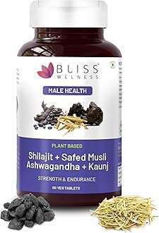 Bliss Welness Testosterone Supplement | Shilajit Ashwagandha Kaunch Beej Safed Musli Akarkhara Extract | Energy Performance Ayurvedic Health Supplement - 60 Vegetarian Tablets