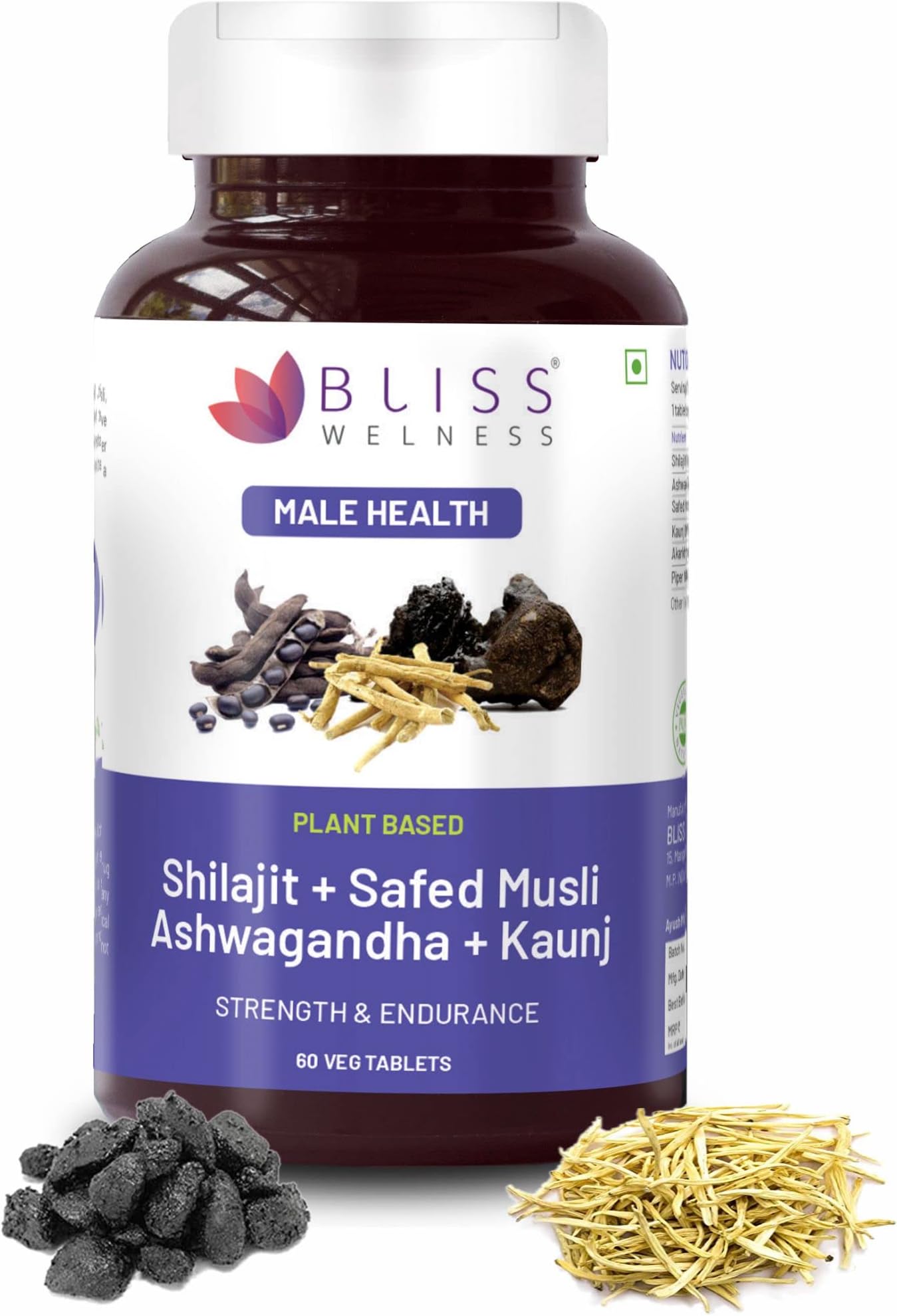 Bliss Welness Testosterone Supplement | Shilajit Ashwagandha Kaunch Beej Safed Musli Akarkhara Extract | Energy Performance Ayurvedic Health Supplement - 60 Vegetarian Tablets