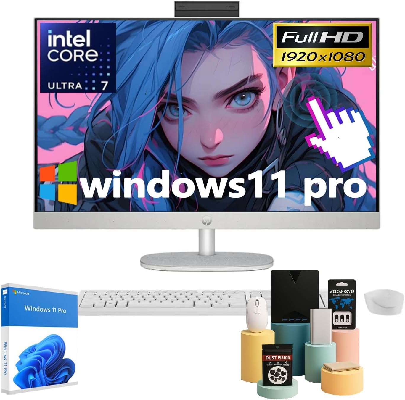 HP 27" Touchscreen All-in-One Desktop Computer, FHD Touch Screen, Intel Ultra 7 155U (Up to 4.8 GHz), Intel Graphics, Wireless KB & Mouse, Windows 11 Pro, Wi-Fi 6, w/Accessories, 32GB DDR5, 1TB SSD