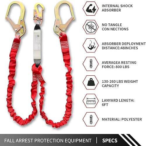 Miniatura 2 de Arnés de seguridad Cordón de protección contra caídas de 6 pies - Cordón de seguridad de doble pierna con absorción de impactos internos para