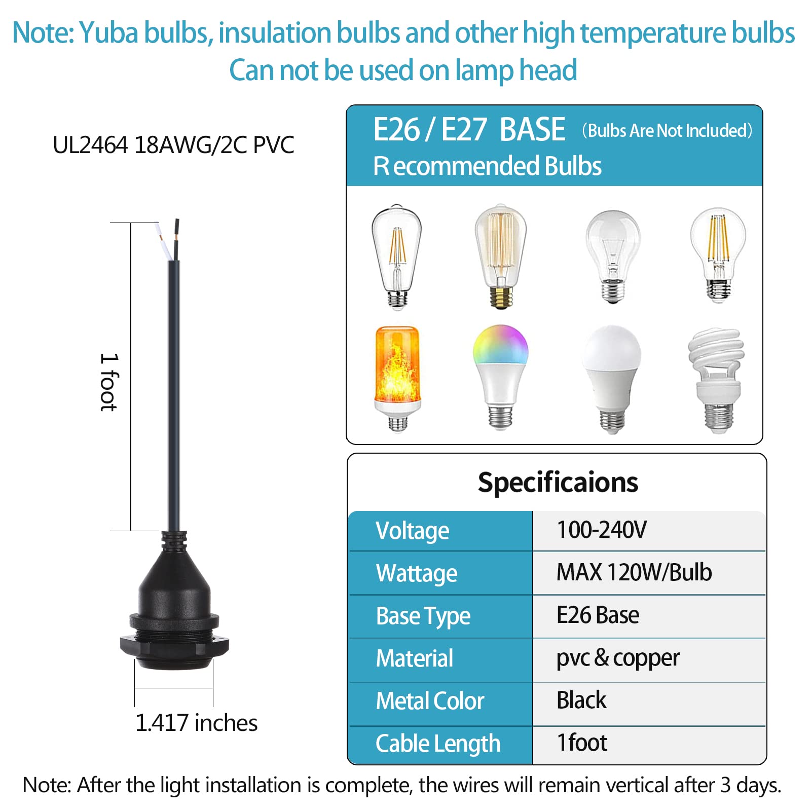 Presa luminosa con cavo per esterni con presa E26/E27, presa per faretto con cavo, illuminazione temporanea impermeabile con cavo (confezione da 6)