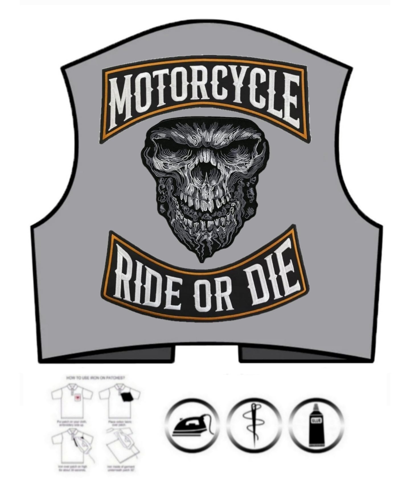 Set 2 Toppe ricamate Biker " Motorcycle | Ride Or Die " + Teschio Malvagio Patch Termoadesive per gilet e giubbotti moto, per decorare giacche, accessori abbigliamento, fai da te. (Set Malvagio)