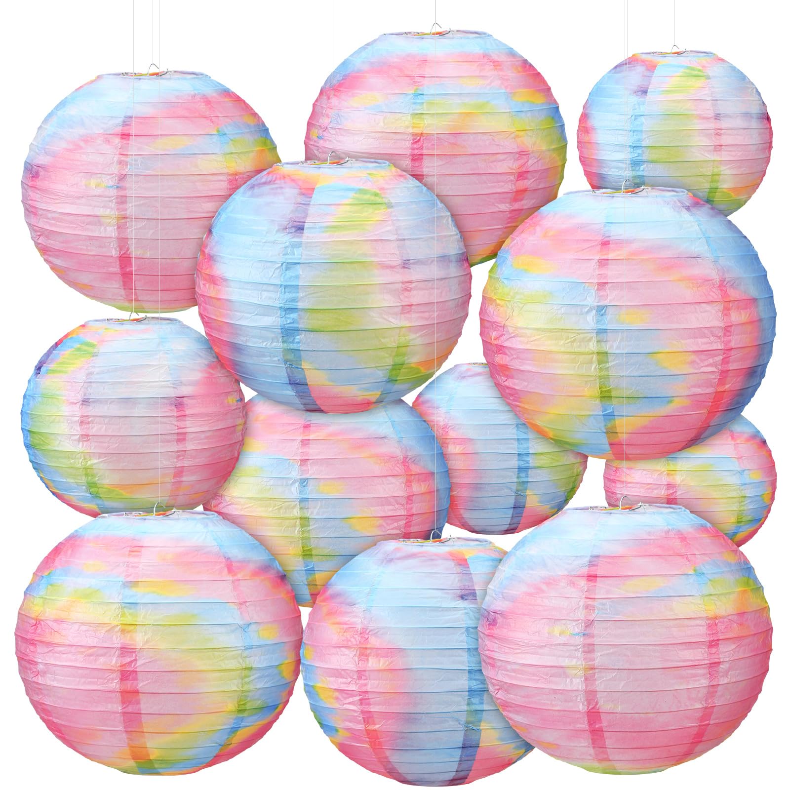 Retisee 12 Pcs 10 Inch Tie Dye Paper Lanterns Rainbow Hippie Lanterns Colorful Chinese Tie Dye Party Supplies Hanging Ceiling Decorations for Home