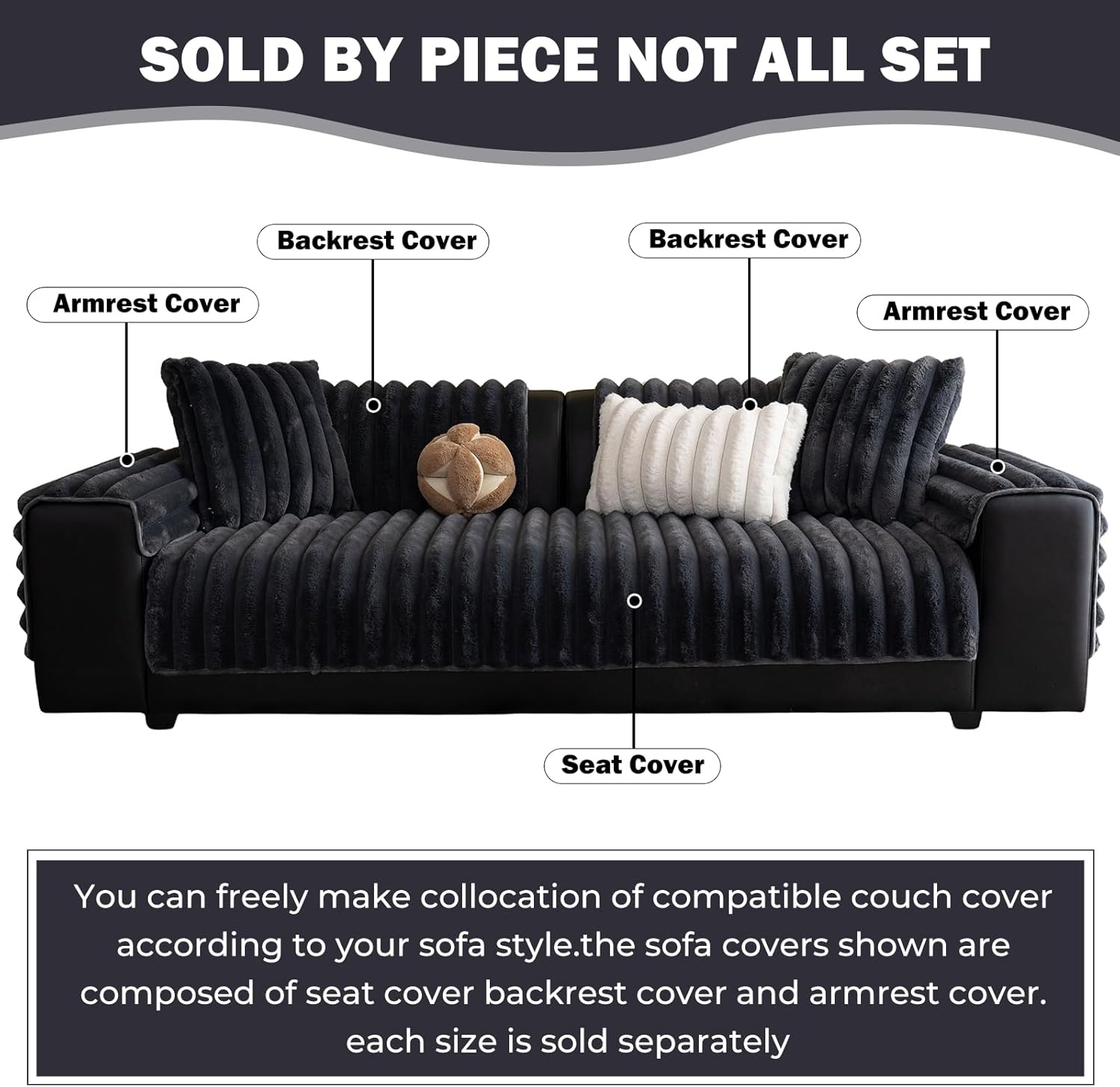 Faux Rabbit Fur Couch Sofa Cover Washable, Shaggy Fuzzy Sectional Couch Cover, Stripe Non-Slip Soft Plush Sofa Slipcover Furniture Protector for Dogs, Pets (Dark Grey,36"x94")
