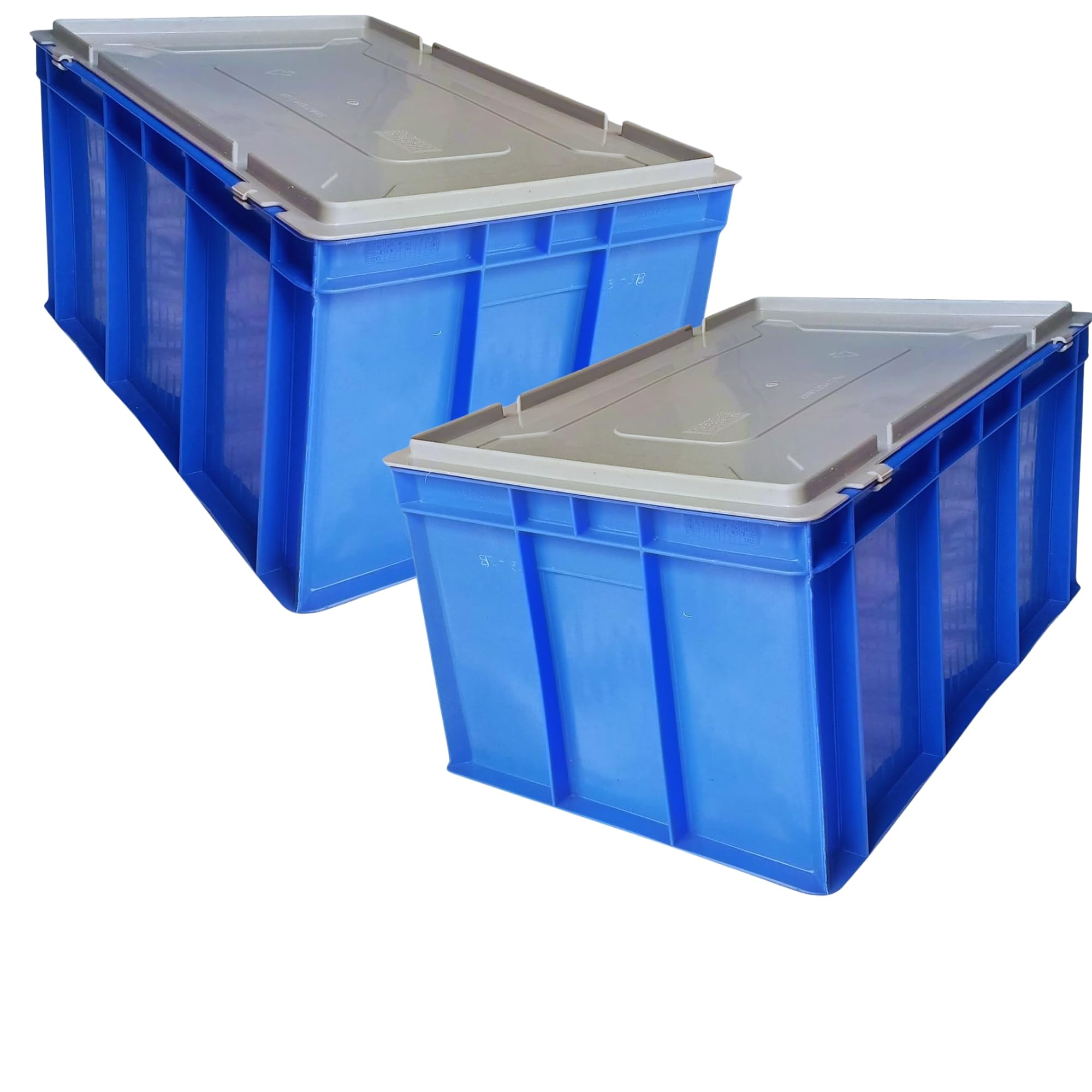 Plastic Crate 60x40x27 CM With Lid Pack of 2, Multipurpose Heavy Duty Big Blue Portable Crates for storage | Shelf Basket for Large Storage Bin | Vegetable, Fruit, Milk