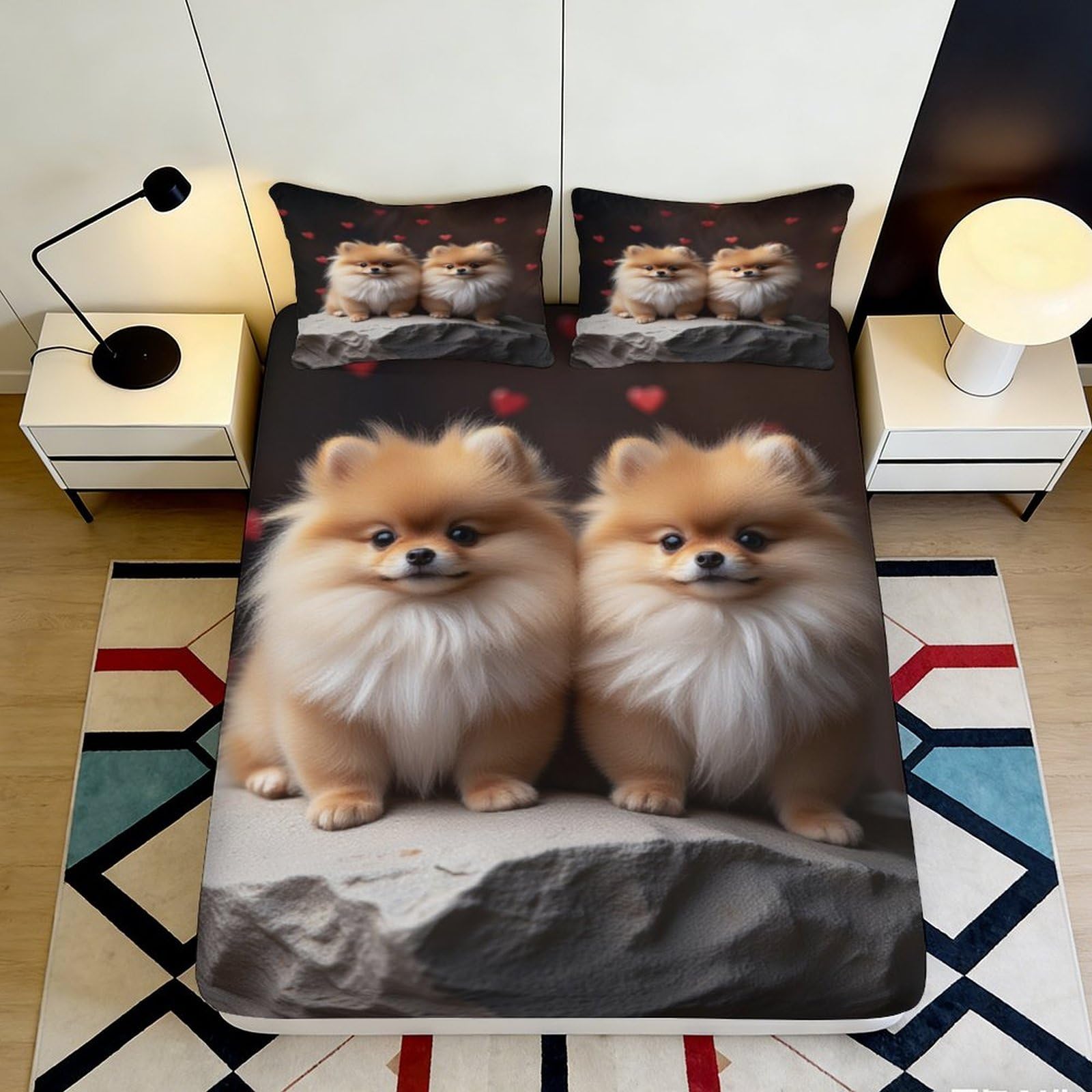 Pnayamiorkfel Style-2 3D Printed Cute Pomeranian Fitted Sheet Microfiber Bedroom Dorm Decor Fluffy Dog Bed Cover For Mattress Protection 90X200x25cm