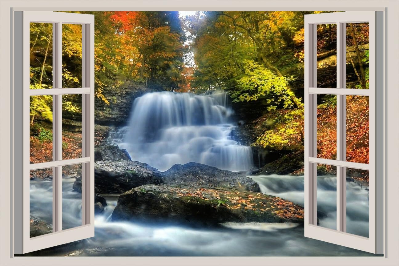 JVERF - JZZA19274 Autumn Forests| Self-Adhesive Open Window Wall Sticker