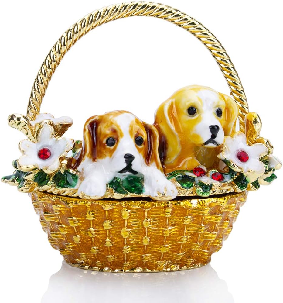 Puppy Flower Basket Trinket Boxes Hinged Rhinestones Jeweled Painted Enameled Collectible Dog Animal Figurine Jewelry Holder Box