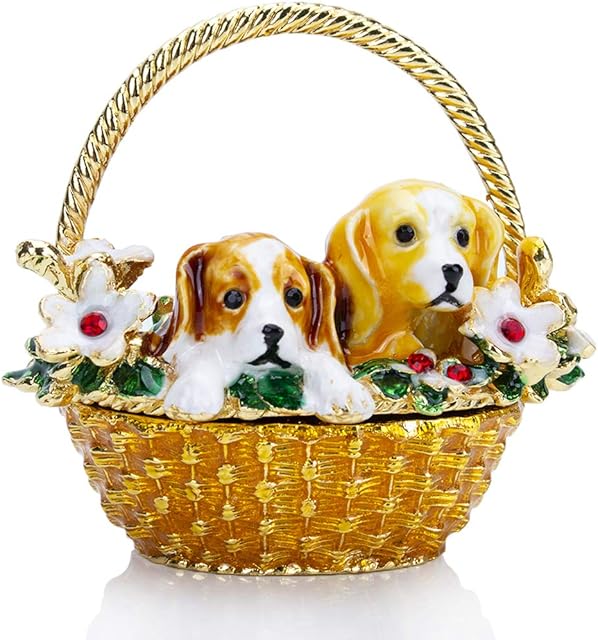 YU FENG Puppy Flower Basket Trinket Boxes Hinged Rhinestones Jeweled Painted Enameled Collectible Dog Animal Figurine Jewelry Holder Box