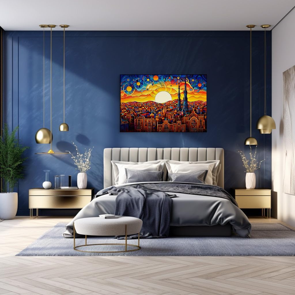 Canvas for Living room. Cityscape Kaleidoscope: A Stained Glass Skyline Under the Cosmic Gleam, 27 x 18 inch Canvas Wall Art - Ready to Hang