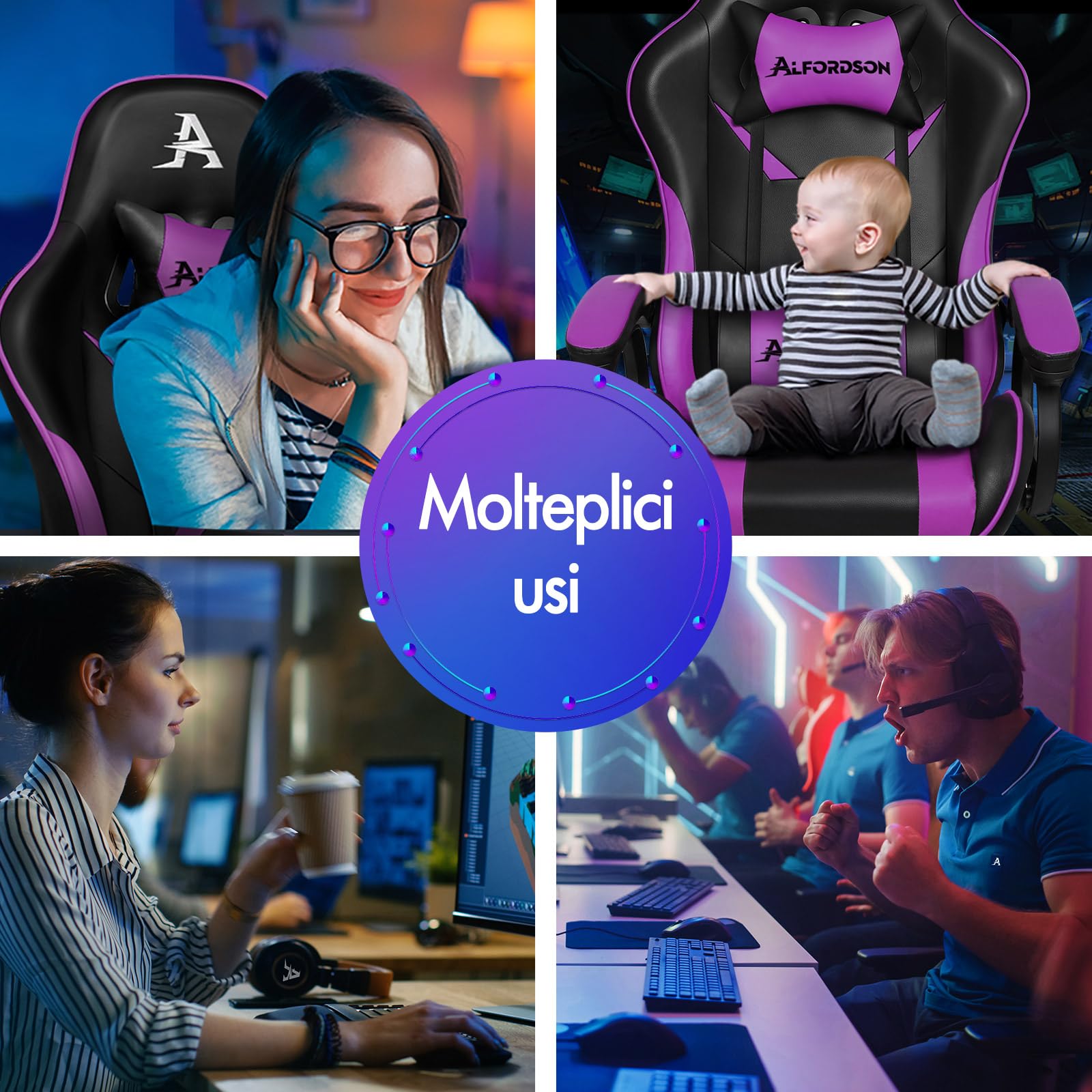 ALFORDSON Sedia da Gaming Massaggiante con Poggiapiedi da Case Viola | Poltrona Gamer in Similpelle Serie XAVIER, Schienale regolabile, con supporto lombare e poggiatesta, portata 180 kg