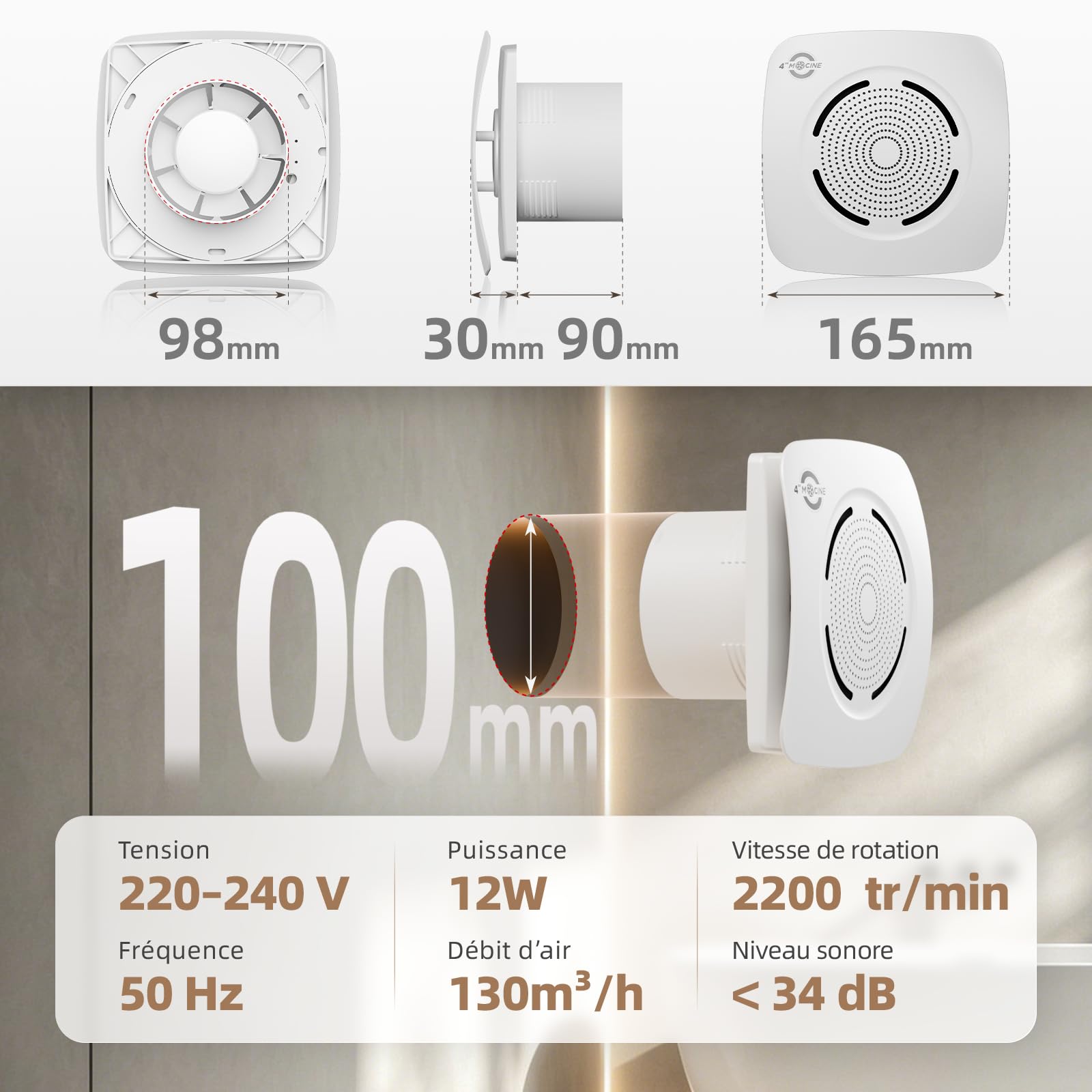 MOCINE Extracteur d'Air 100 mm, Débit d'Air 130 m³/h, Blanc | 50 % PC+ABS, Roulements à billes doubles, Protection contre la surchauffe, Plus de 30000h de durée de vie