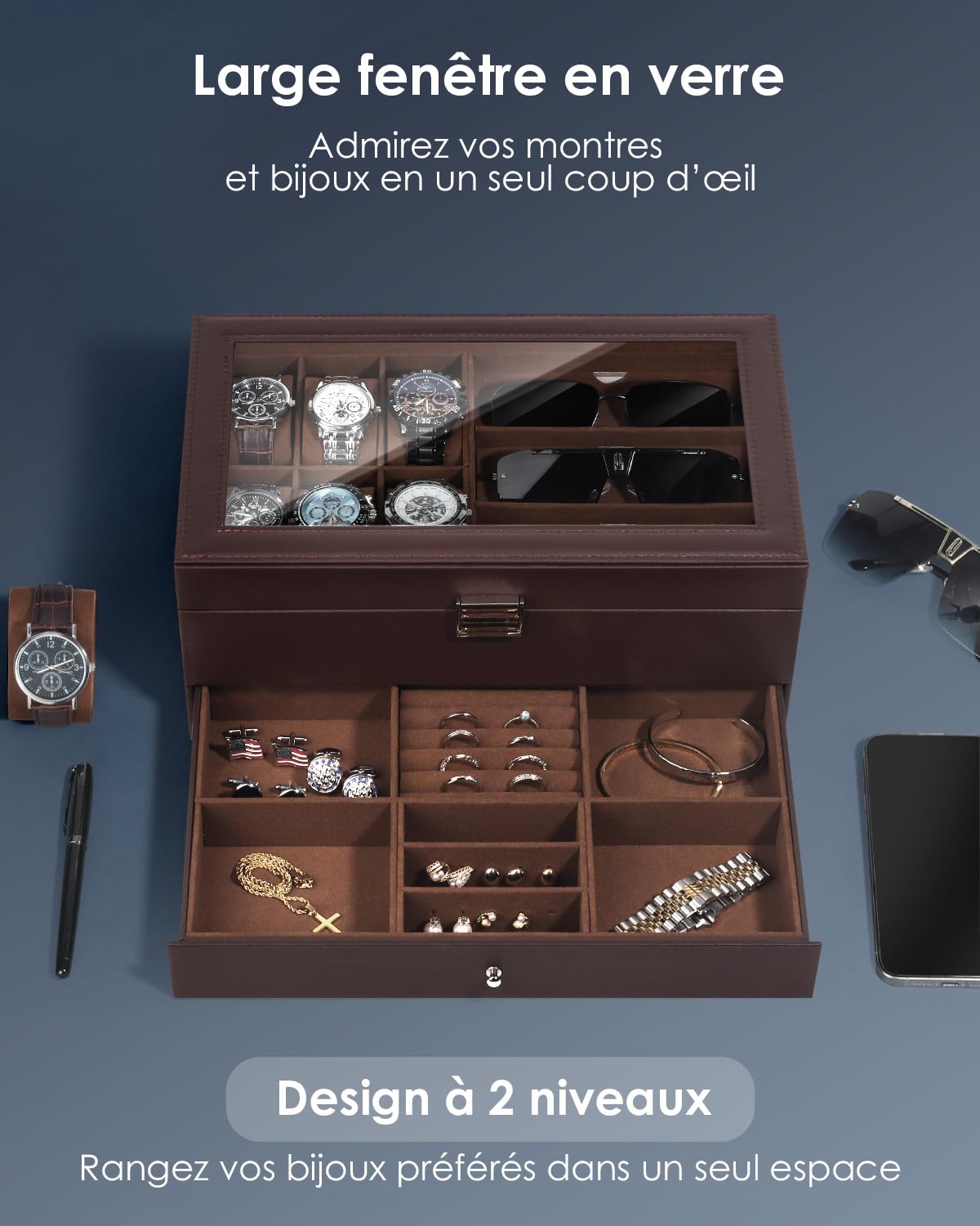 Kukikan Boîte à bijoux pour montre, boîte de rangement pour montres et lunettes de soleil avec grand couvercle en verre, 6 emplacements et 2 couches, boîte à bijoux pour homme avec serrure, présentoir
