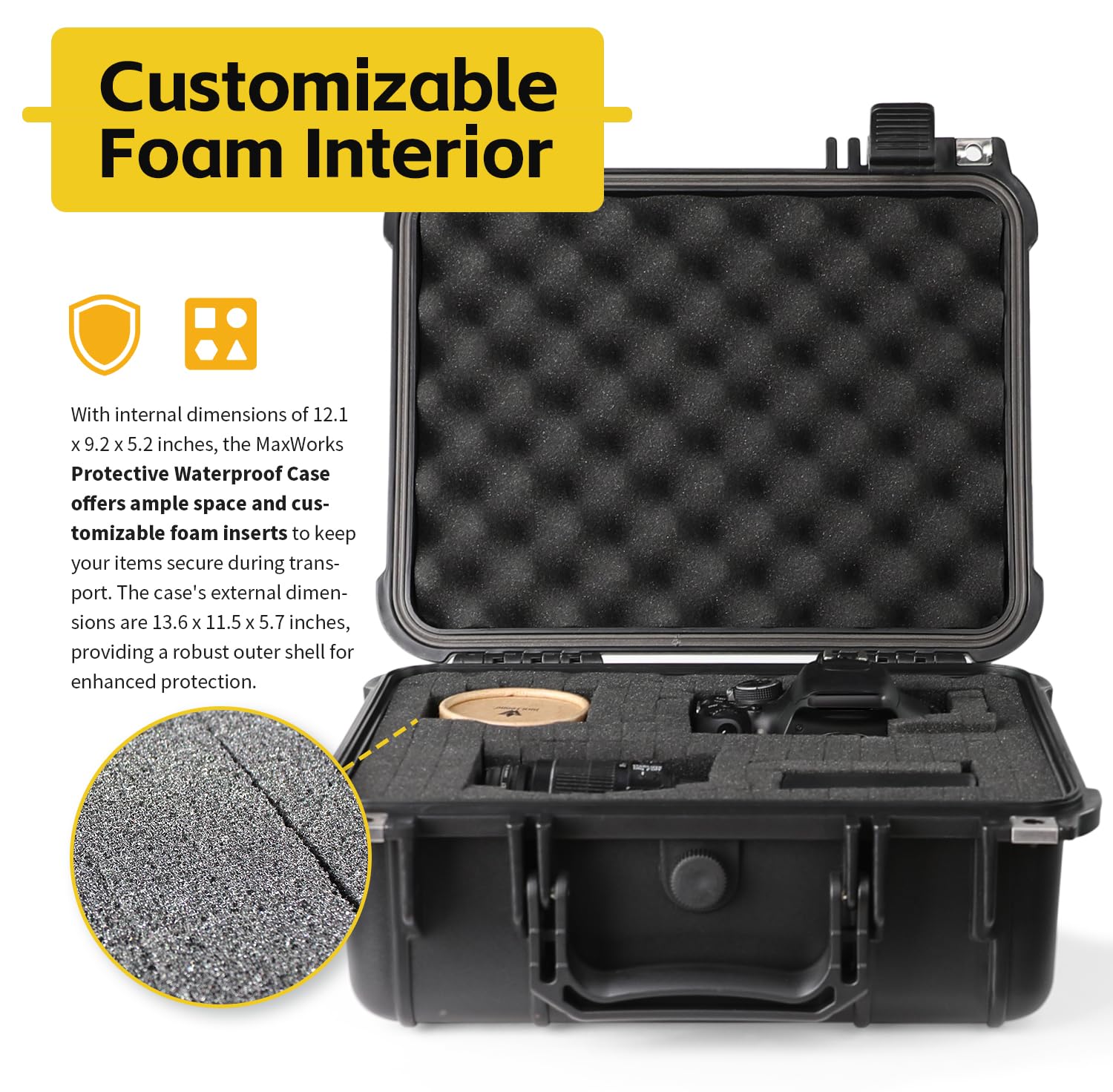 MaxWorks 51016 - Custodia protettiva impermeabile IP67 per fotocamera, multiuso, interno in schiuma, 30,7 x 23,4 x 13,2 cm, interno nero, esterno 34,5 x 29,2 x 14,5 cm, Nero, Custodia rigida