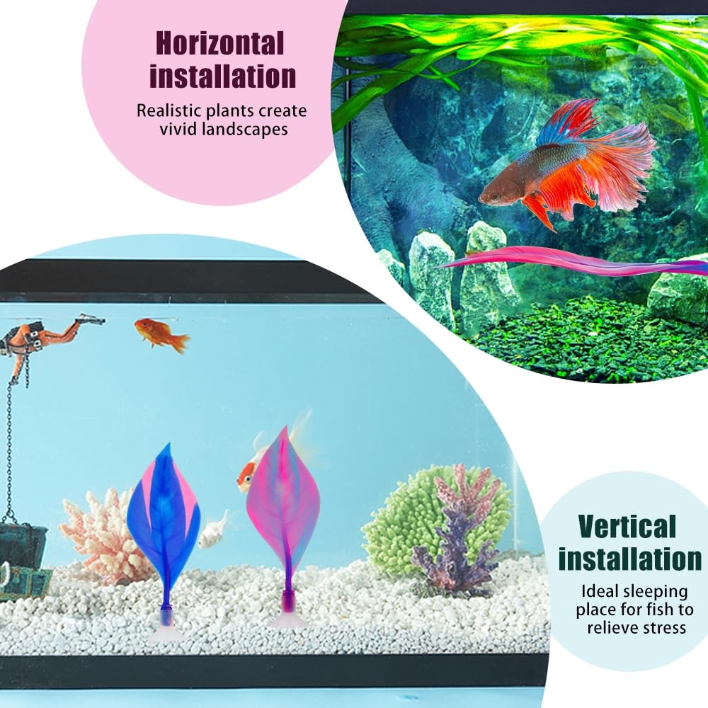 DONGKER Foglia Di Betta Per Acquario Con Ventosa, In Plastica, Due Foglie Per Pianta, Colore Viola O Verde, Facile Da Montare