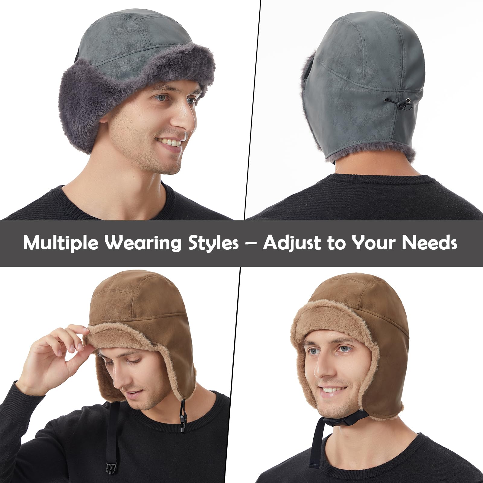 Bonnet d'hiver, Chapeau Trappeur d'hiver avec Cache-Oreilles, en Cuir PU imperméable et Coupe-Vent, Style aviateur(Khaki)