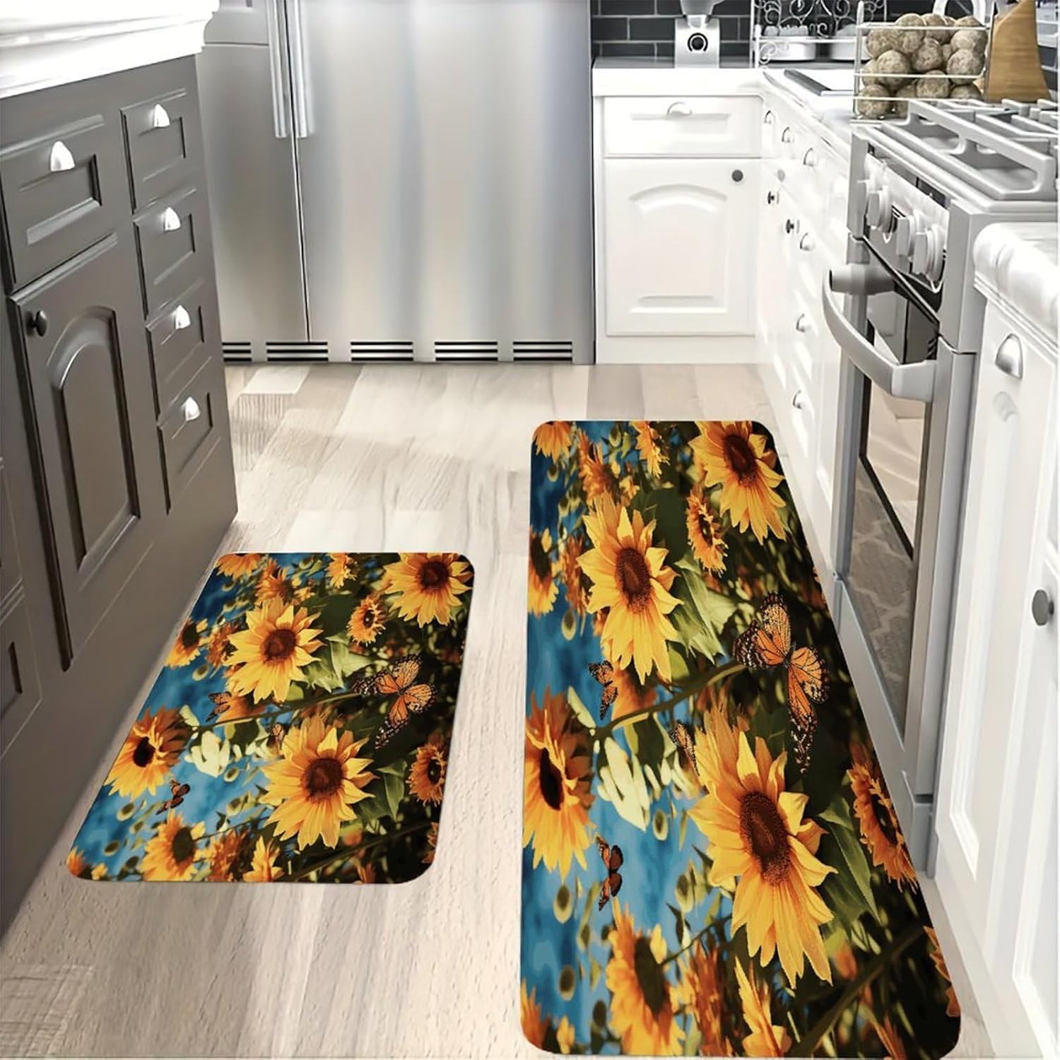 Sunflowers and Butterflies Kitchen Mat Washable Non Slip Rugs Soft Kitchen Mats for Floor Set of 2 PCS Cushioned Absorbent Runner Standing Rugs for Home Sink Laundry Office