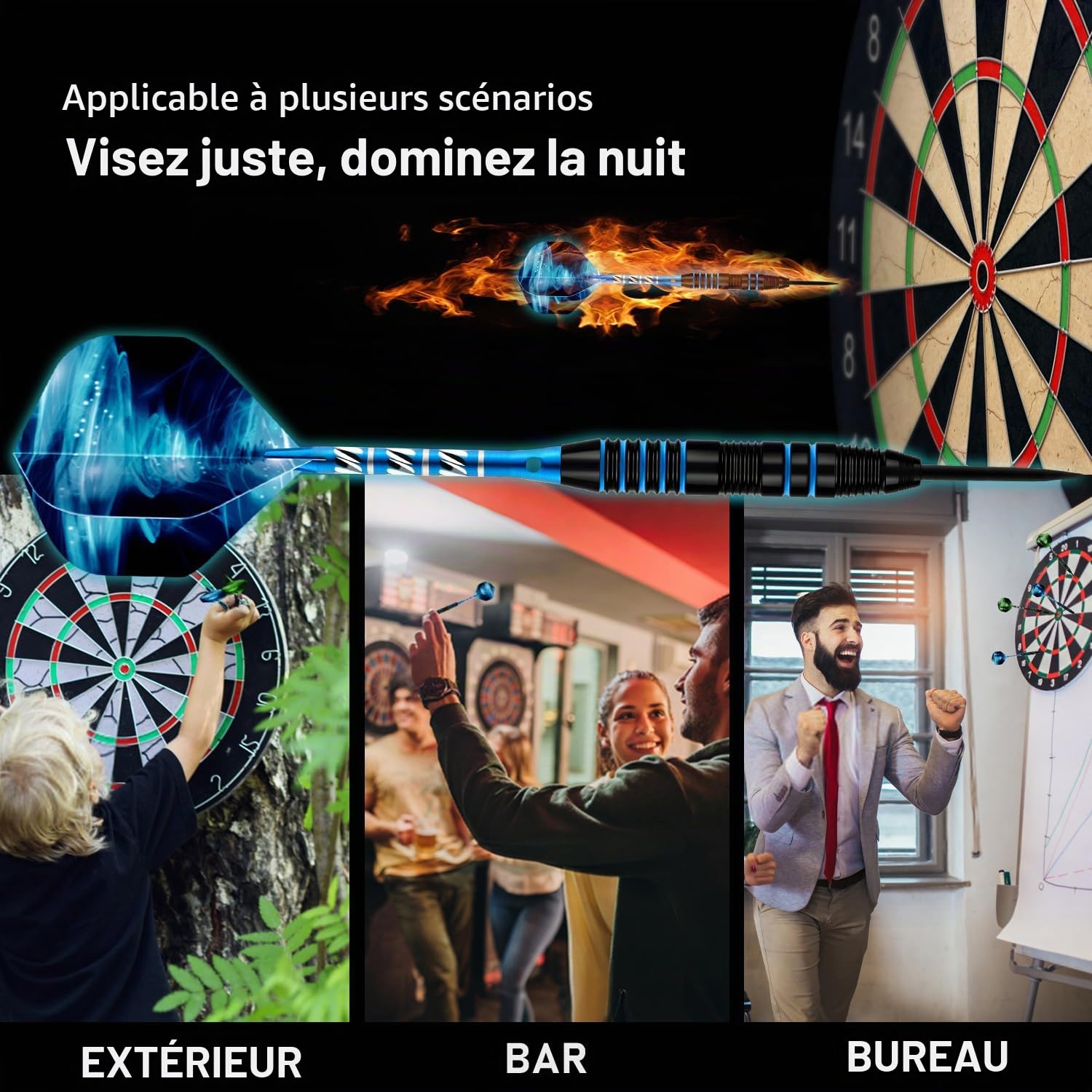Lot de 3 fléchettes professionnelles à pointe en acier 22 g avec ailettes, tiges aluminium, étui