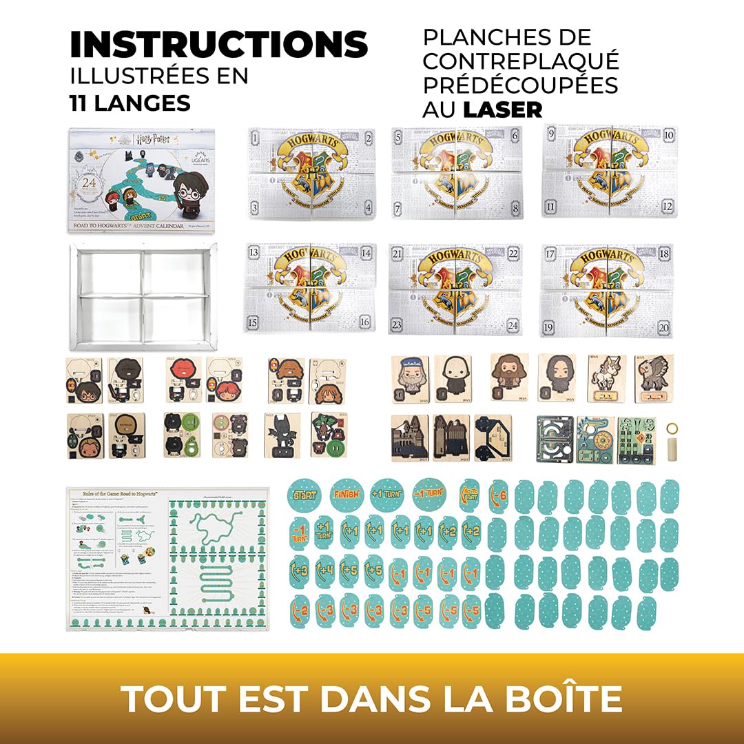 UGEARS Harry Potter Calendrier de l'Avent 2025 - Road to Hogwarts Puzzle 3D Bois pour Adultes avec 16 Figurines, 60 Pièces de Plateau de Jeu, 24 Enveloppes Secrètes - Maquette en Bois a Construire