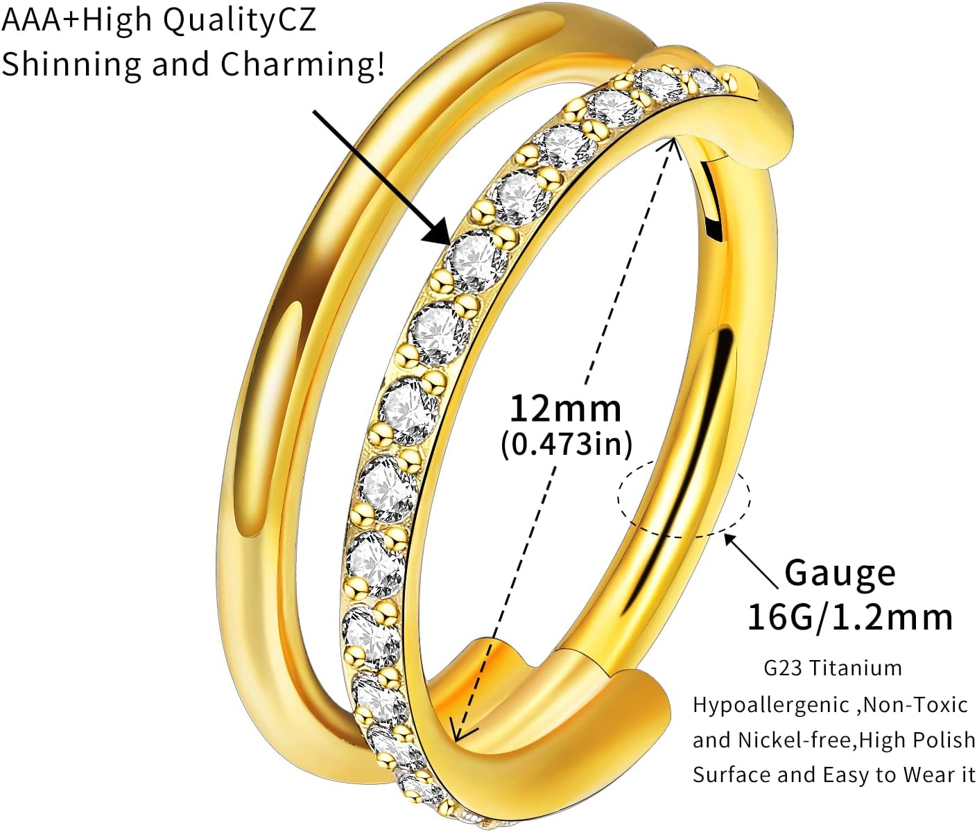 VOJO G23 Titanium 16G Cartilage Septum Hoop Piercing Jewelry Double Row Plated CZ Beads Conch Nose Rings Tragus for Women Men - Image 2