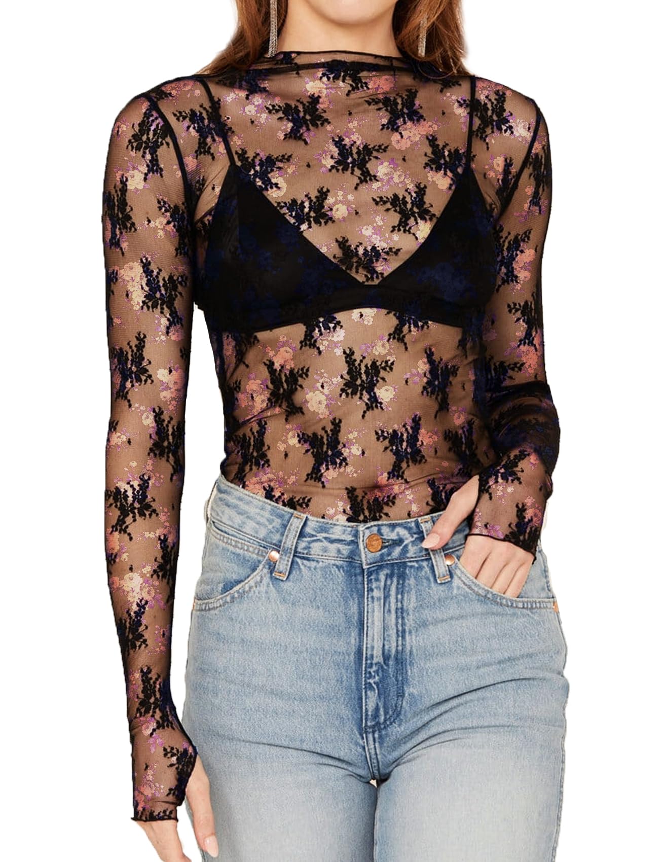 CYCLAMEN Mesh Printed Layering Top for Women Long Sleeve Mock Neck Floral Embroidery Sheer Lace See Through Blouse, Floral, 2, S