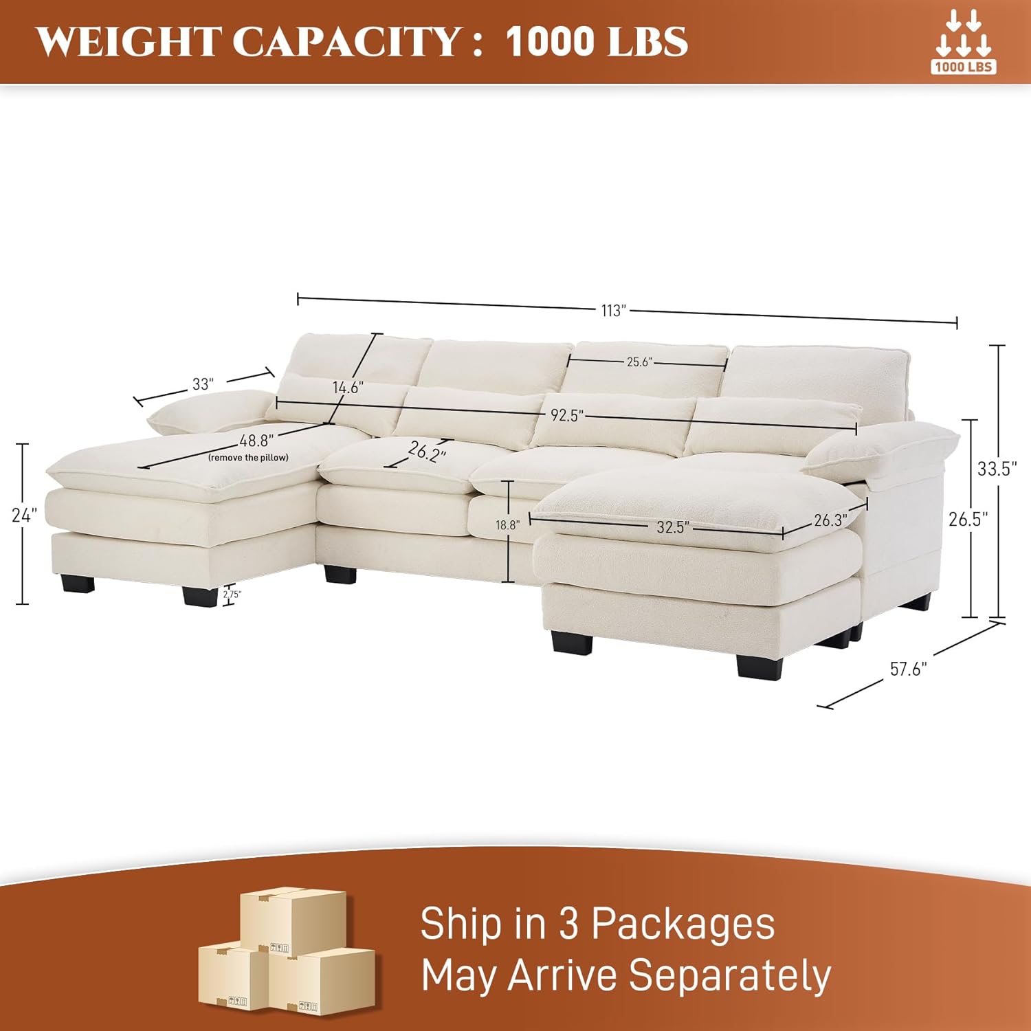 OUYESSIR 113" U Shape Sectional Cloud Couch with Ottoman,Fluffy Sectional Couches for Living Room,4 Seater Modular Sectionals Sofa,Comfy Cloud Sofas & Couches with 4 Pillows,Beige White