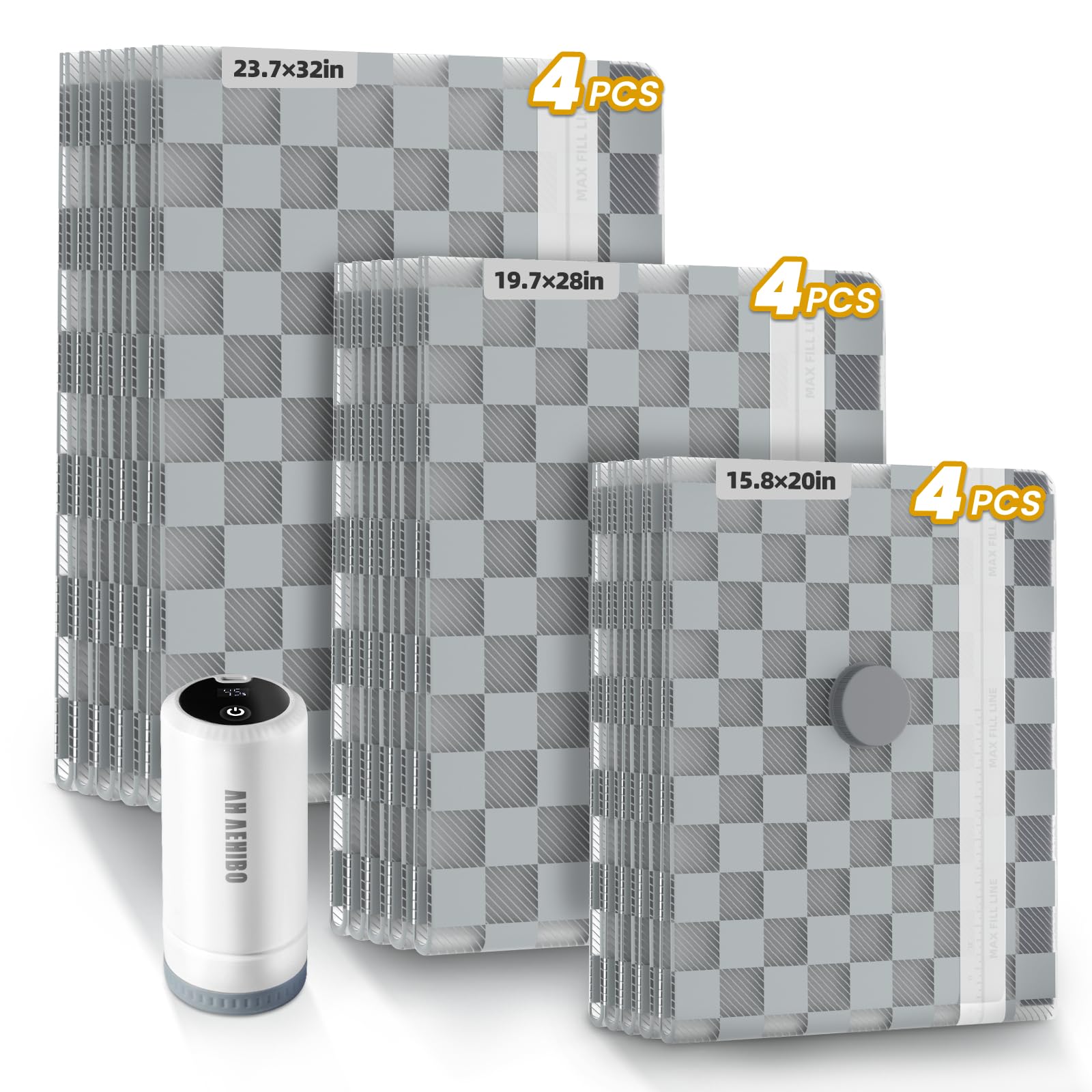 Lot de 12 sacs de rangement sous vide pour voyage avec pompe à air à affichage numérique, sacs d'emballage pour bagages et valises, économiseur d'espace pour vêtements