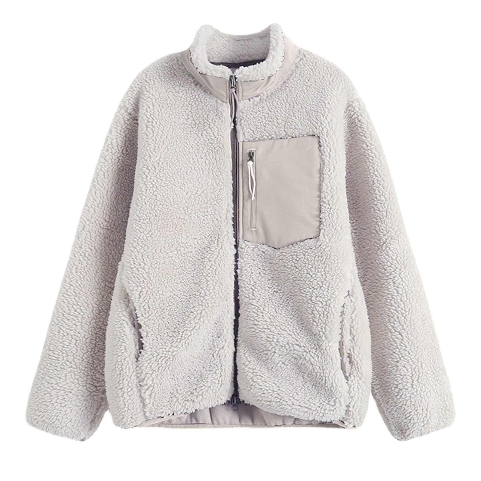 Generisch Windjacke Damen Leicht - Winterjacke, warme Langarm-Polarfleece-Jacke, Reißverschluss mit Taschen